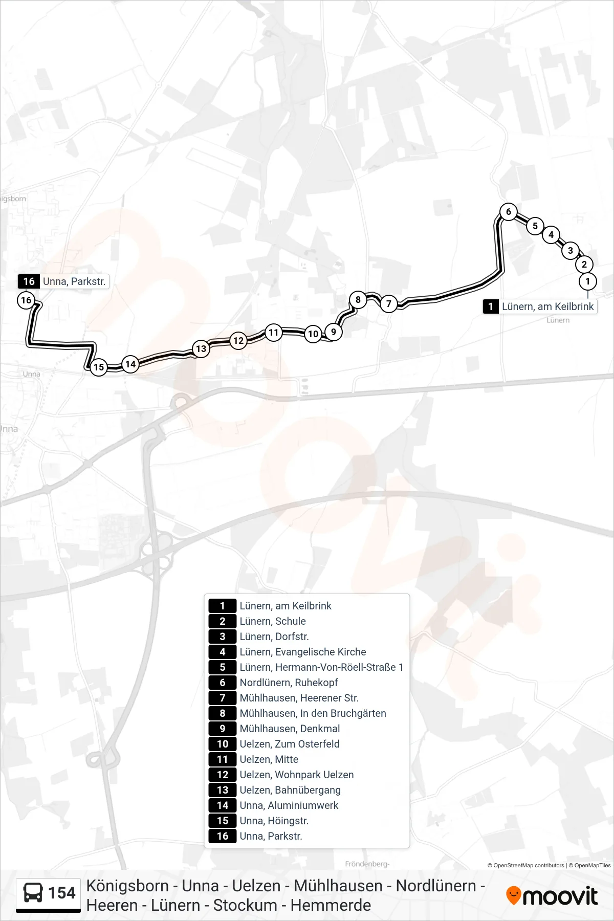 Linie 154 (Bus) Richtung Unna, Parkstr.: Route und Haltestellen auf der Karte