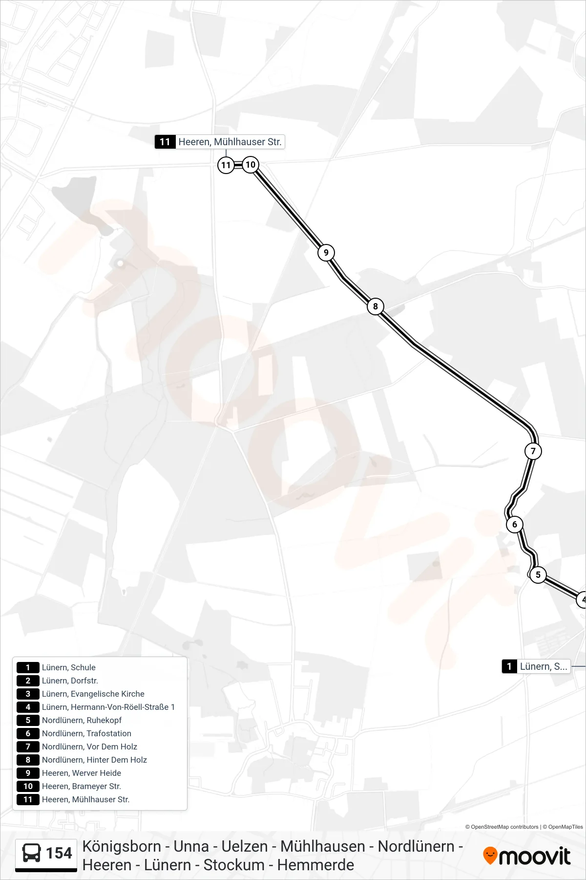 Linie 154 (Bus) Richtung Heeren, Mühlhauser Str.: Route und Haltestellen auf der Karte