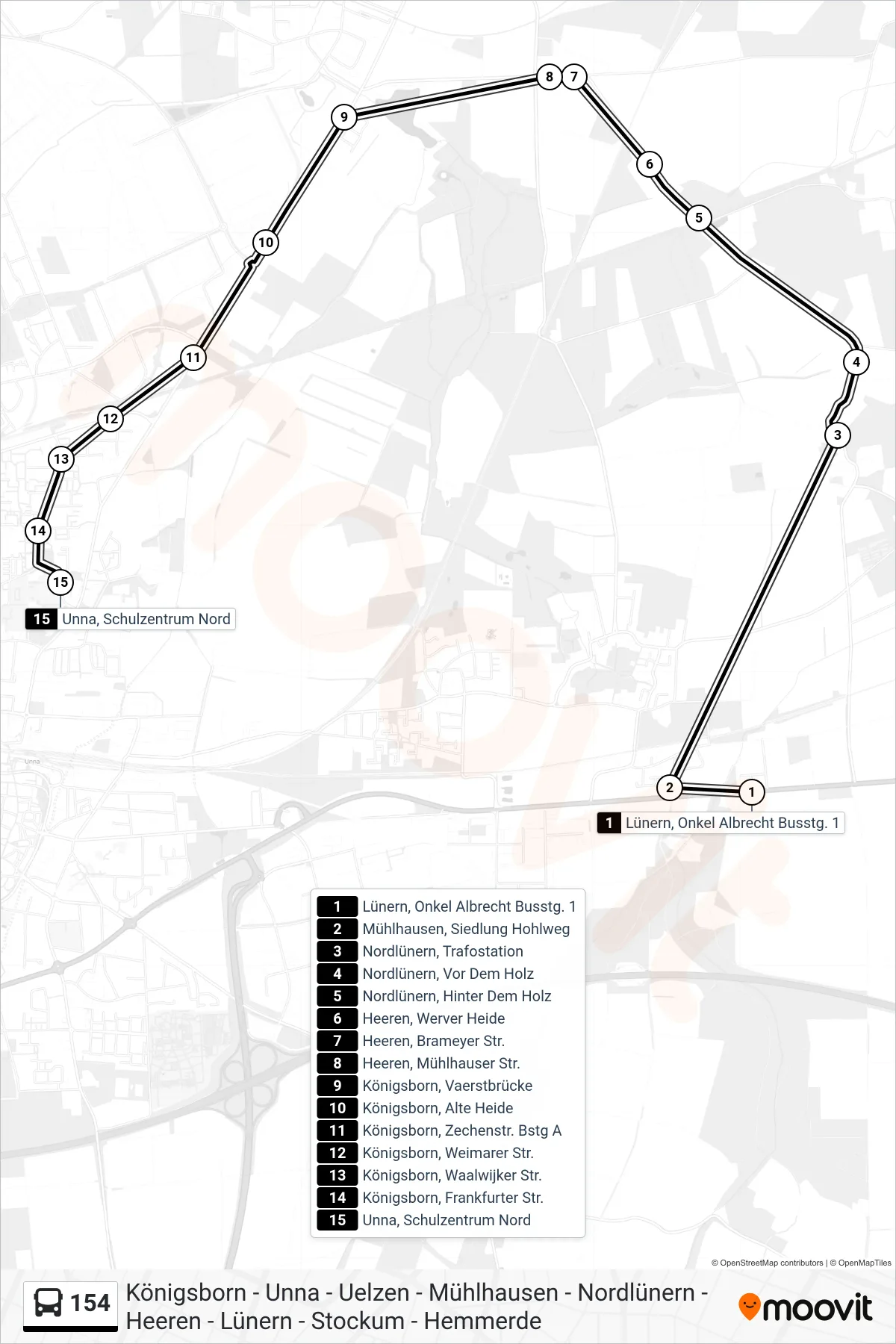 Linie 154 (Bus) Richtung Unna, Schulzentrum Nord: Route und Haltestellen auf der Karte