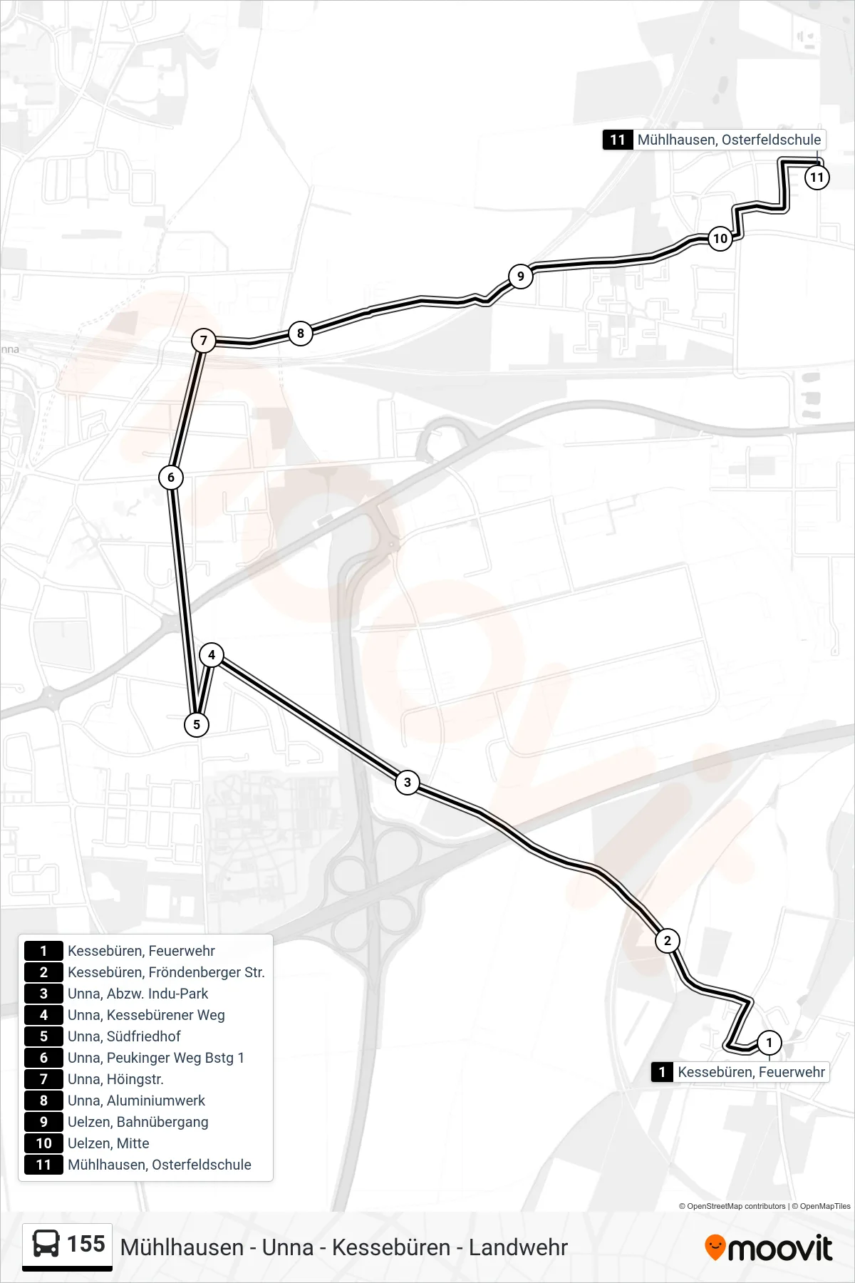 155 bus Line (Mühlhausen, Osterfeldschule) route and stops on a map
