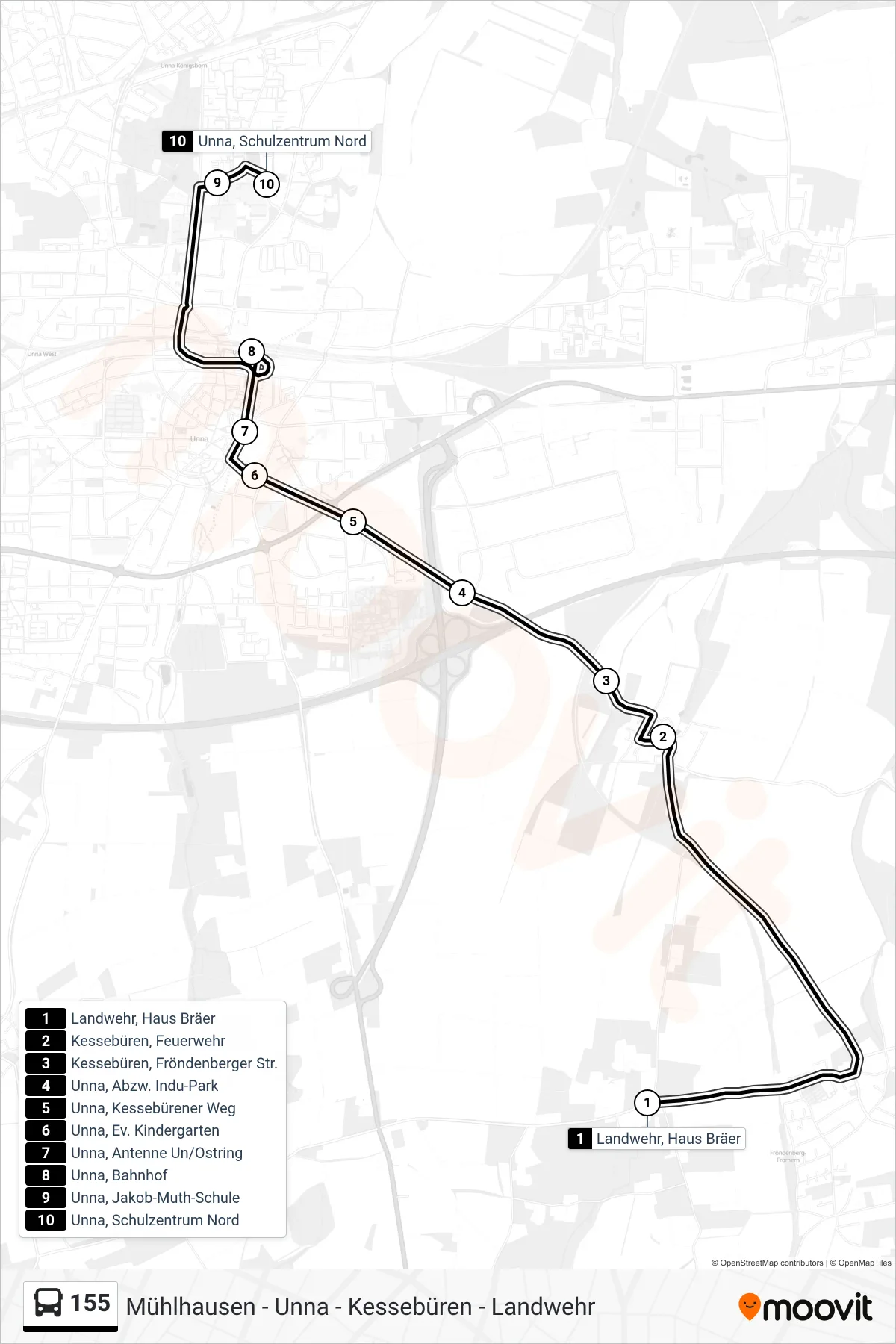 Linie 155 (Bus) Richtung Unna, Schulzentrum Nord: Route und Haltestellen auf der Karte