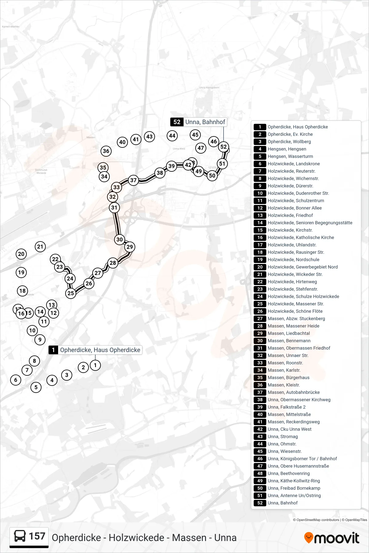 Linie 157 (Bus) Richtung Unna, Bahnhof B: Route und Haltestellen auf der Karte