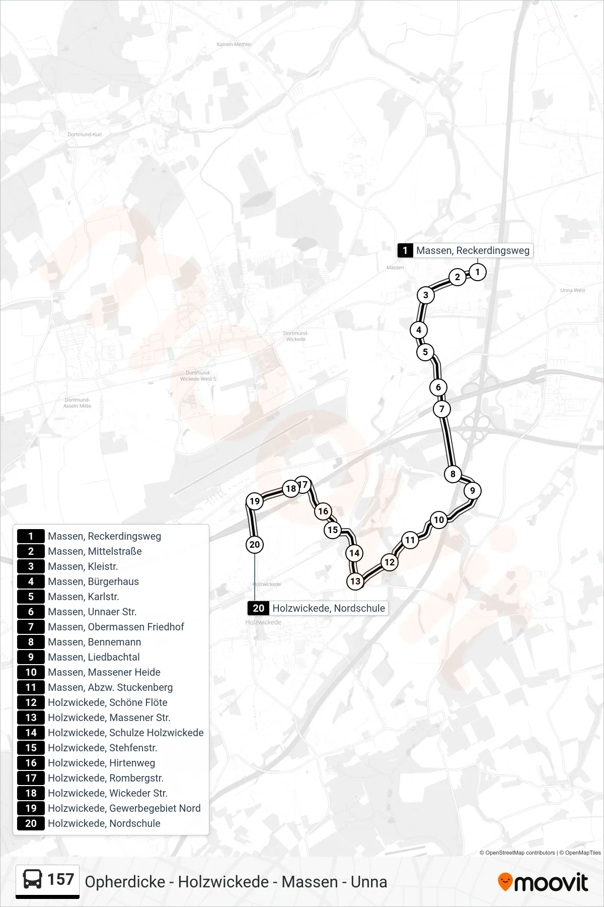 Linie 157 (Bus) Richtung Holzwickede, Nordschule: Route und Haltestellen auf der Karte