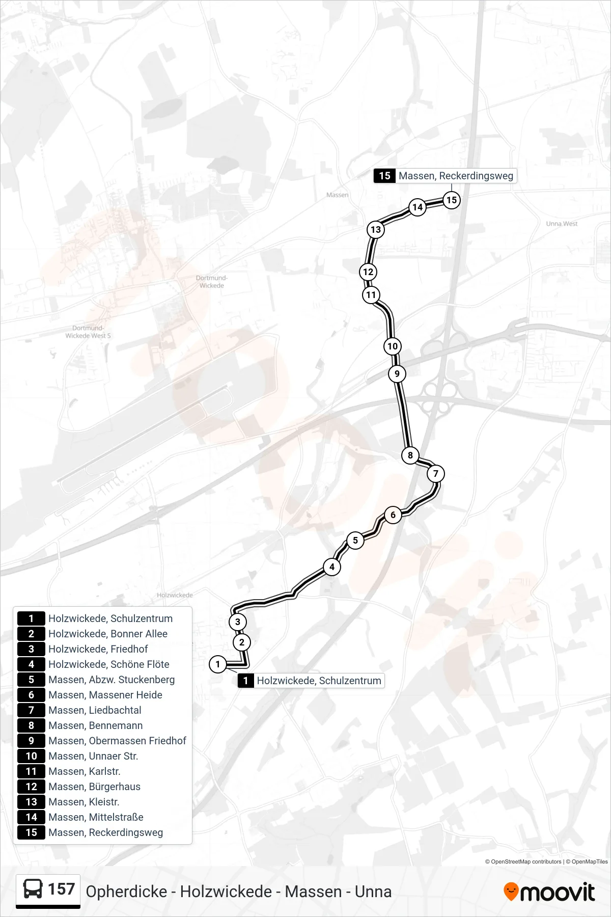 Linie 157 (Bus) Richtung Massen, Reckerdingsweg: Route und Haltestellen auf der Karte