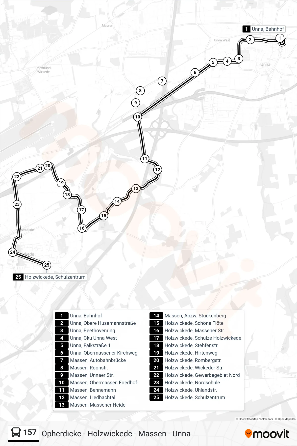 Linie 157 (Bus) Richtung Holzwickede, Schulzentrum: Route und Haltestellen auf der Karte