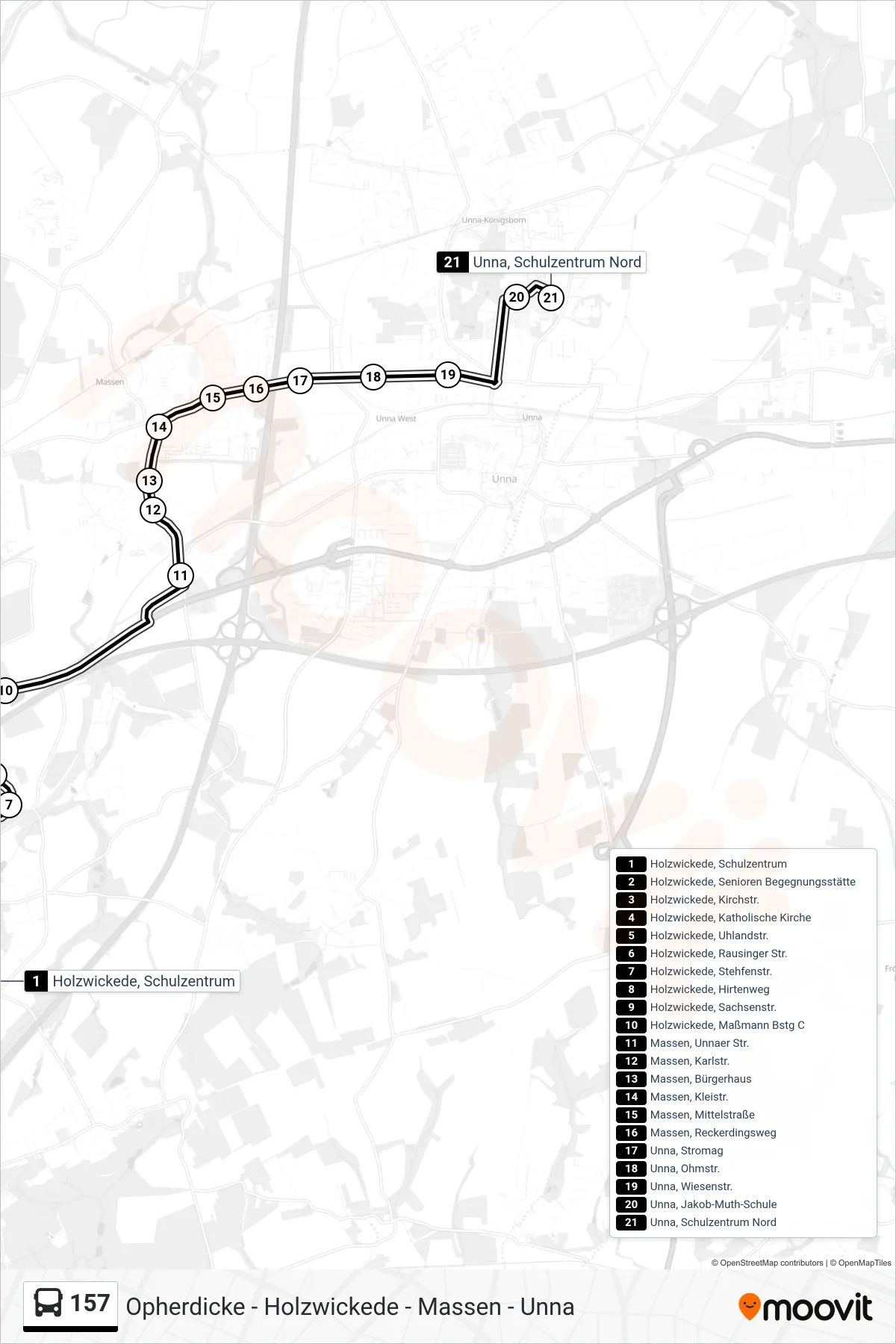 Linie 157 (Bus) Richtung Unna, Schulzentrum Nord: Route und Haltestellen auf der Karte