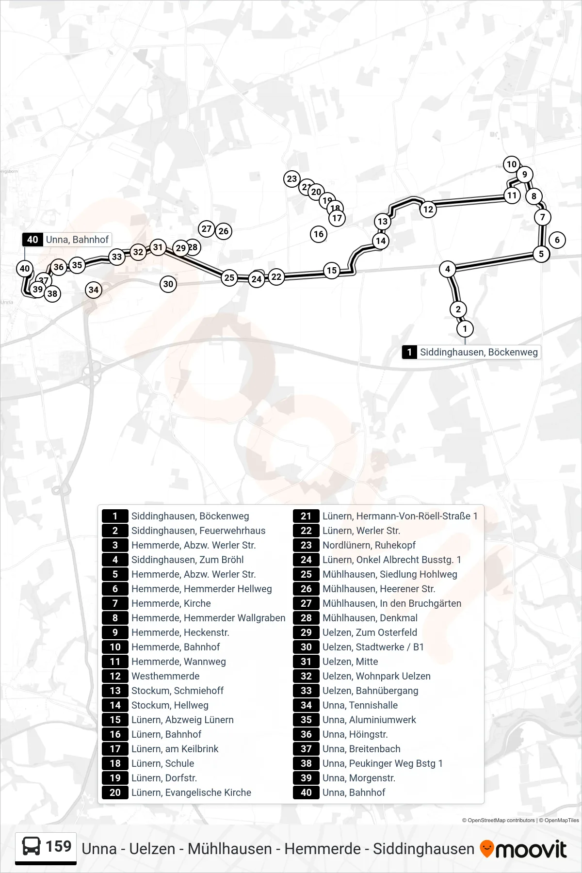 Linie 159 (Bus) Richtung Unna, Bahnhof B: Route und Haltestellen auf der Karte