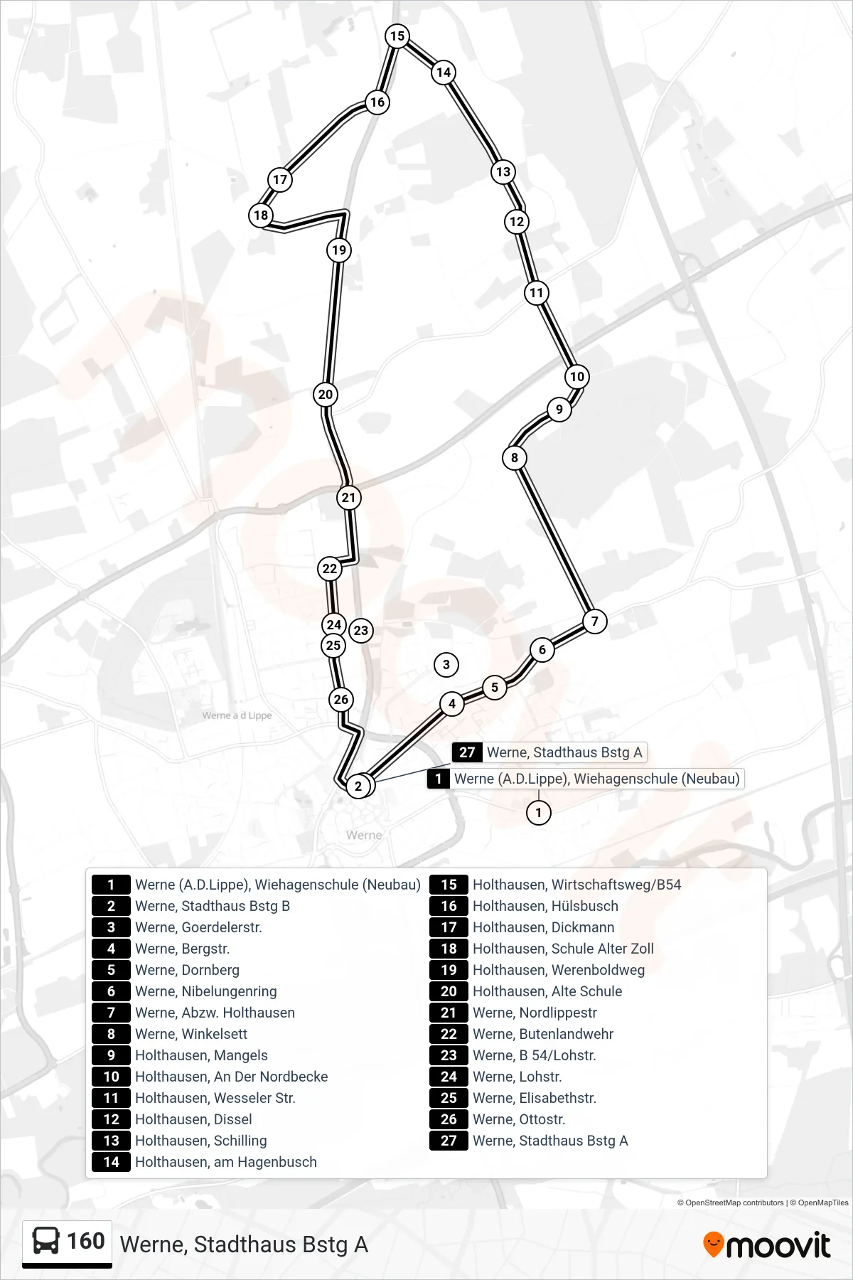 Linie 160 (Bus) Richtung Werne, Stadthaus Bstg A: Route und Haltestellen auf der Karte