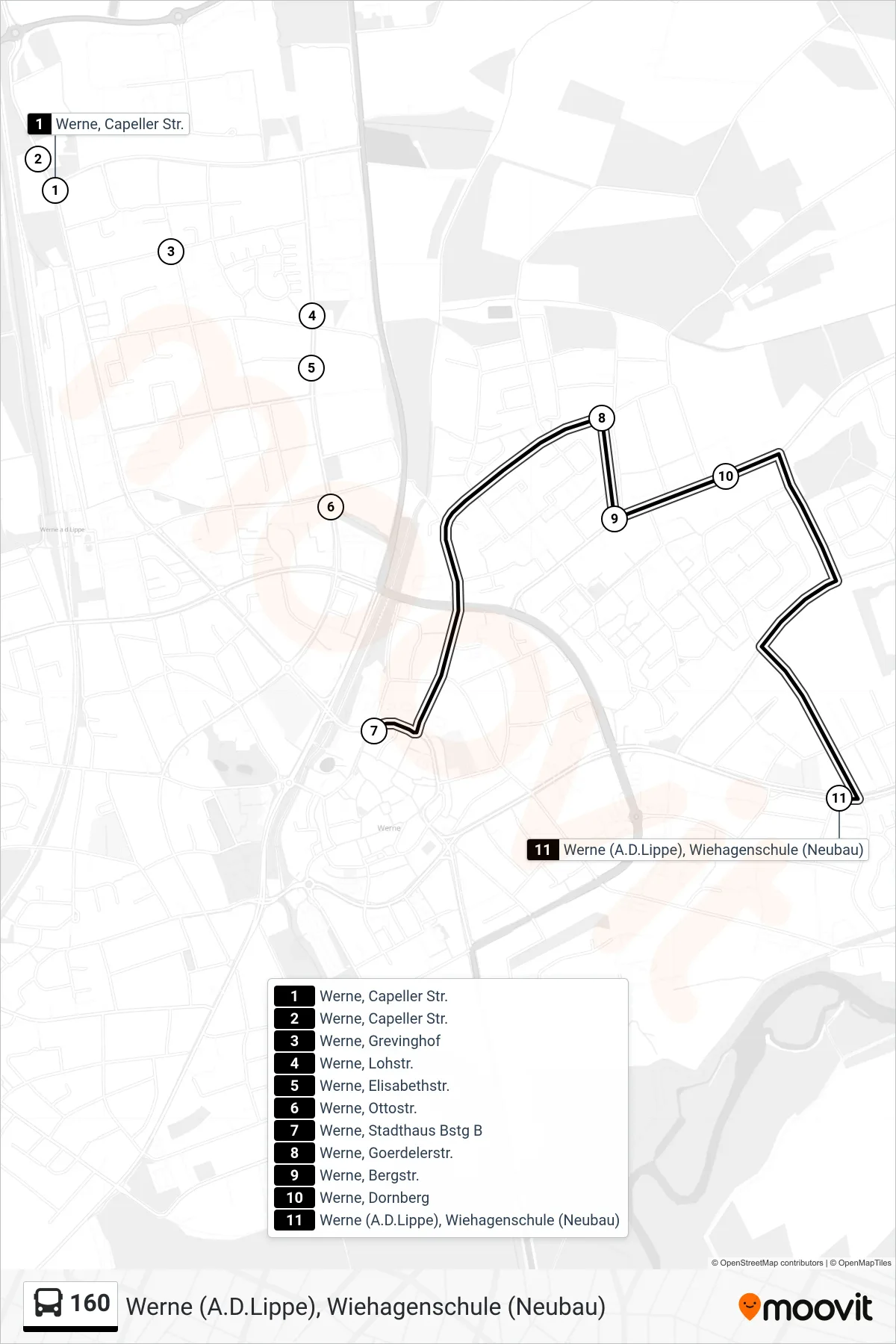 Linie 160 (Bus) Richtung Werne (A.D.Lippe), Wiehagenschule (Neubau): Route und Haltestellen auf der Karte