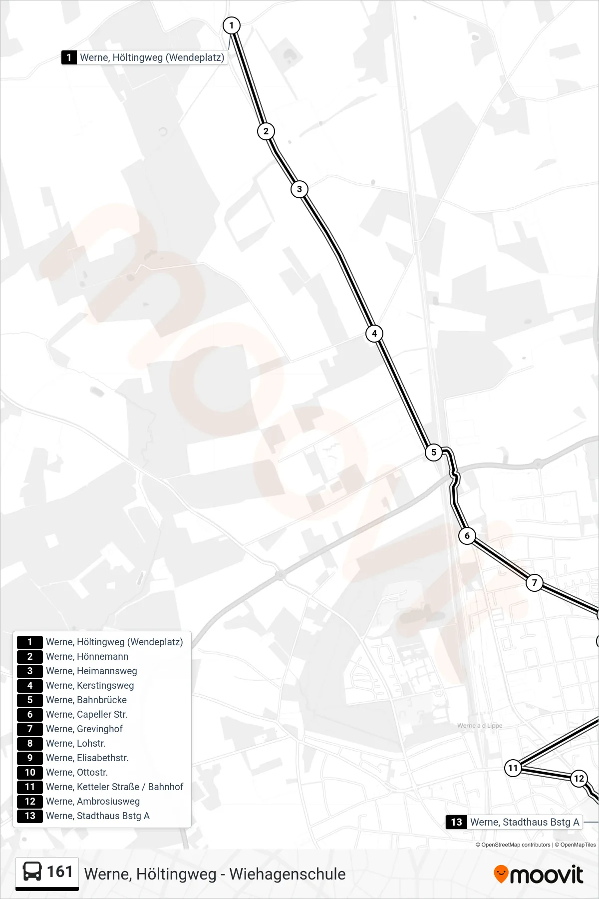 161 bus Line (Werne, Stadthaus Bstg A) route and stops on a map