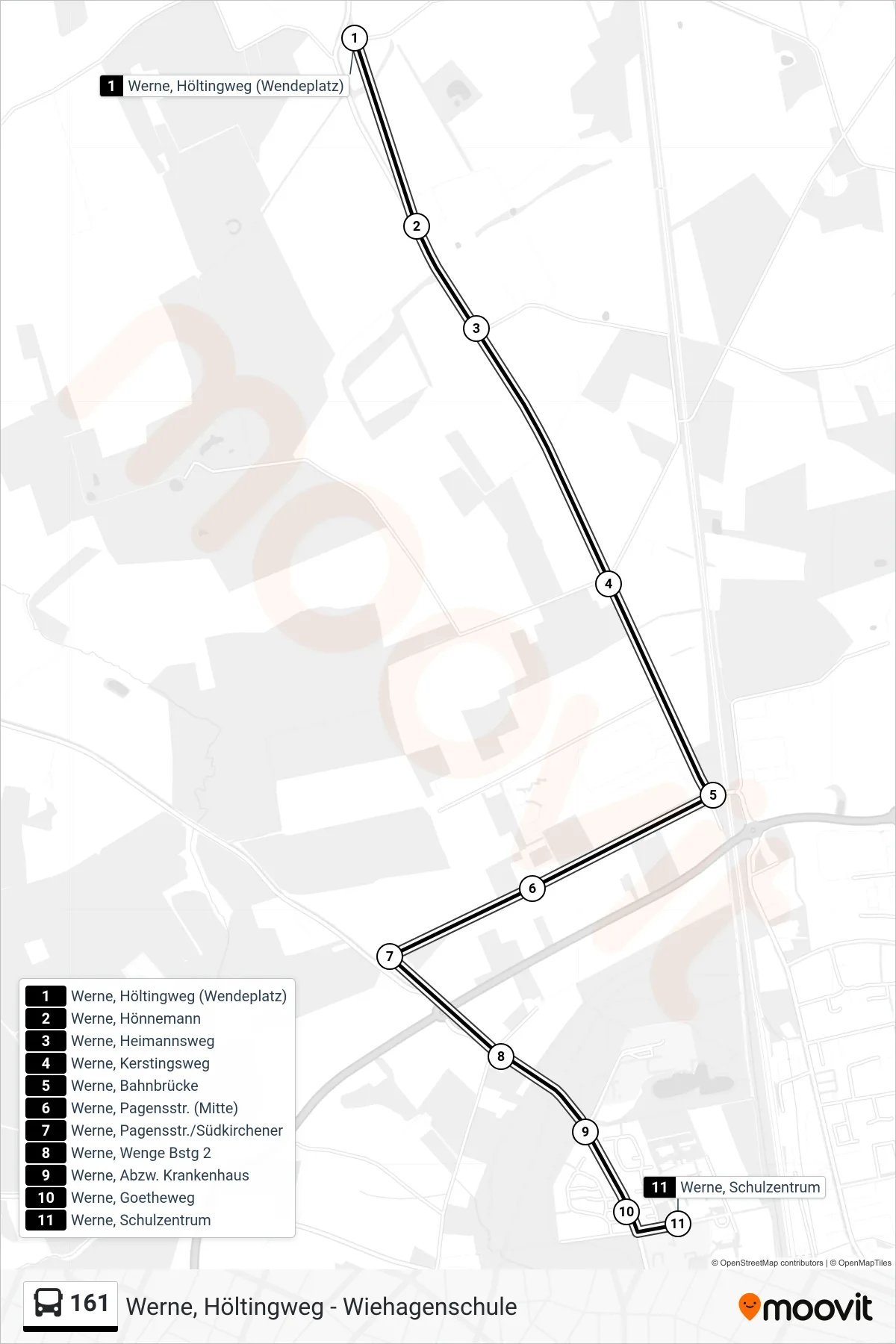 Linie 161 (Bus) Richtung Werne, Schulzentrum: Route und Haltestellen auf der Karte