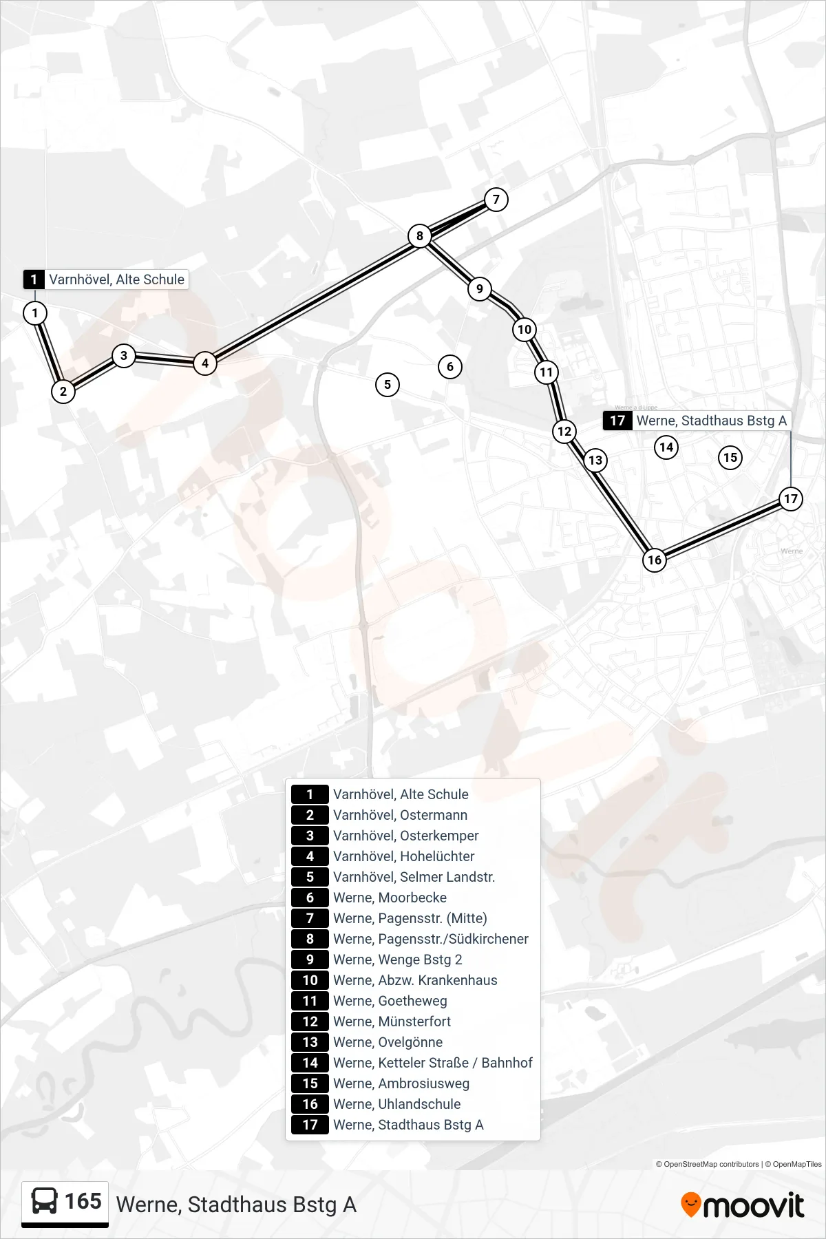 Linie 165 (Bus) Richtung Werne, Stadthaus Bstg A: Route und Haltestellen auf der Karte