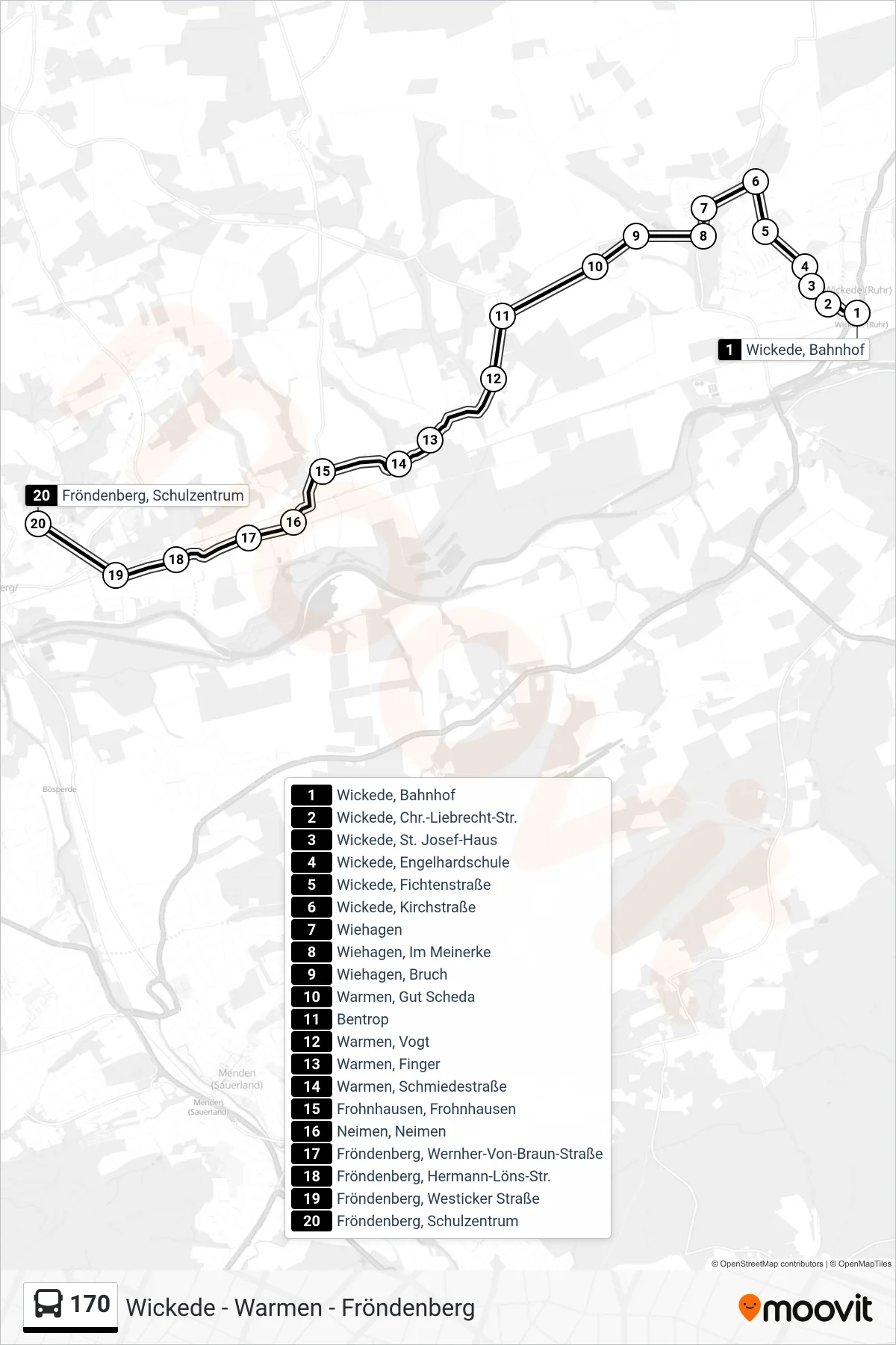Linie 170 (Bus) Richtung Fröndenberg, Schulzentrum: Route und Haltestellen auf der Karte