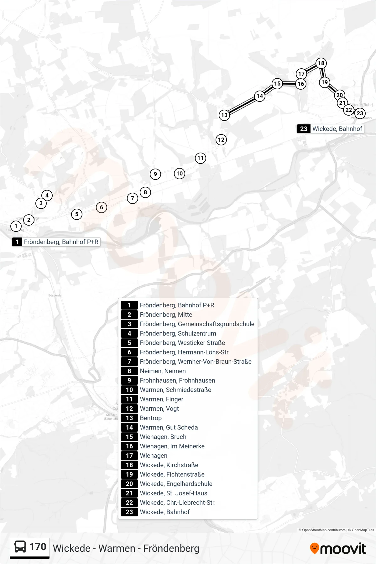 Linie 170 (Bus) Richtung Wickede, Bahnhof: Route und Haltestellen auf der Karte