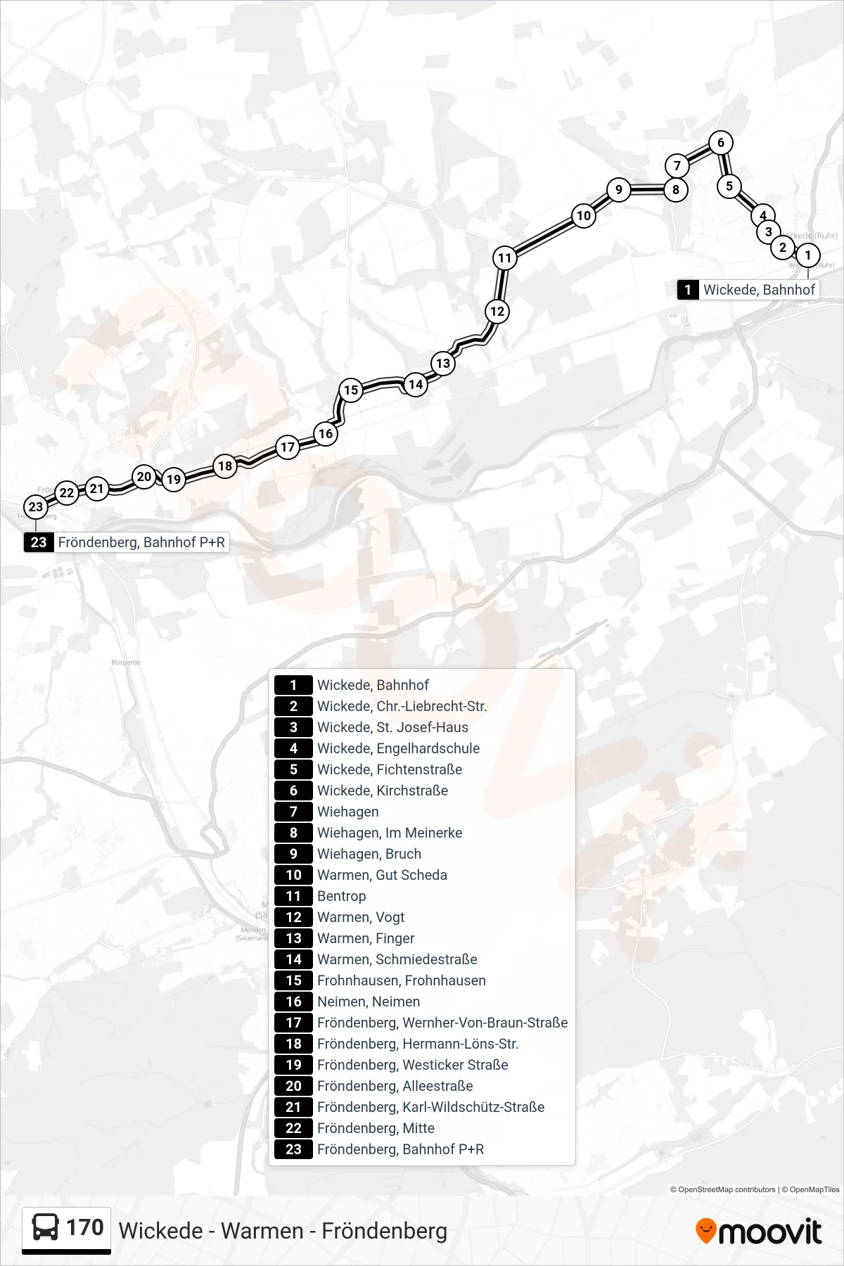 170 bus Line (Fröndenberg, Bahnhof P+R) route and stops on a map