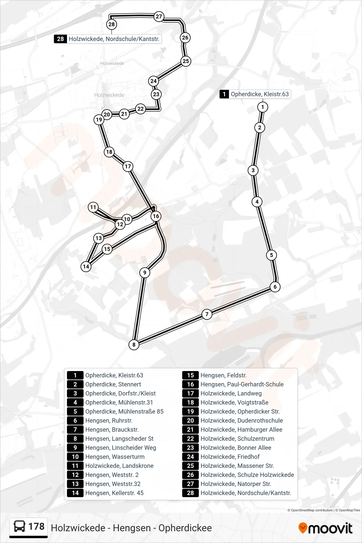178 bus Line (Holzwickede, Nordschule/Kantstr.) route and stops on a map