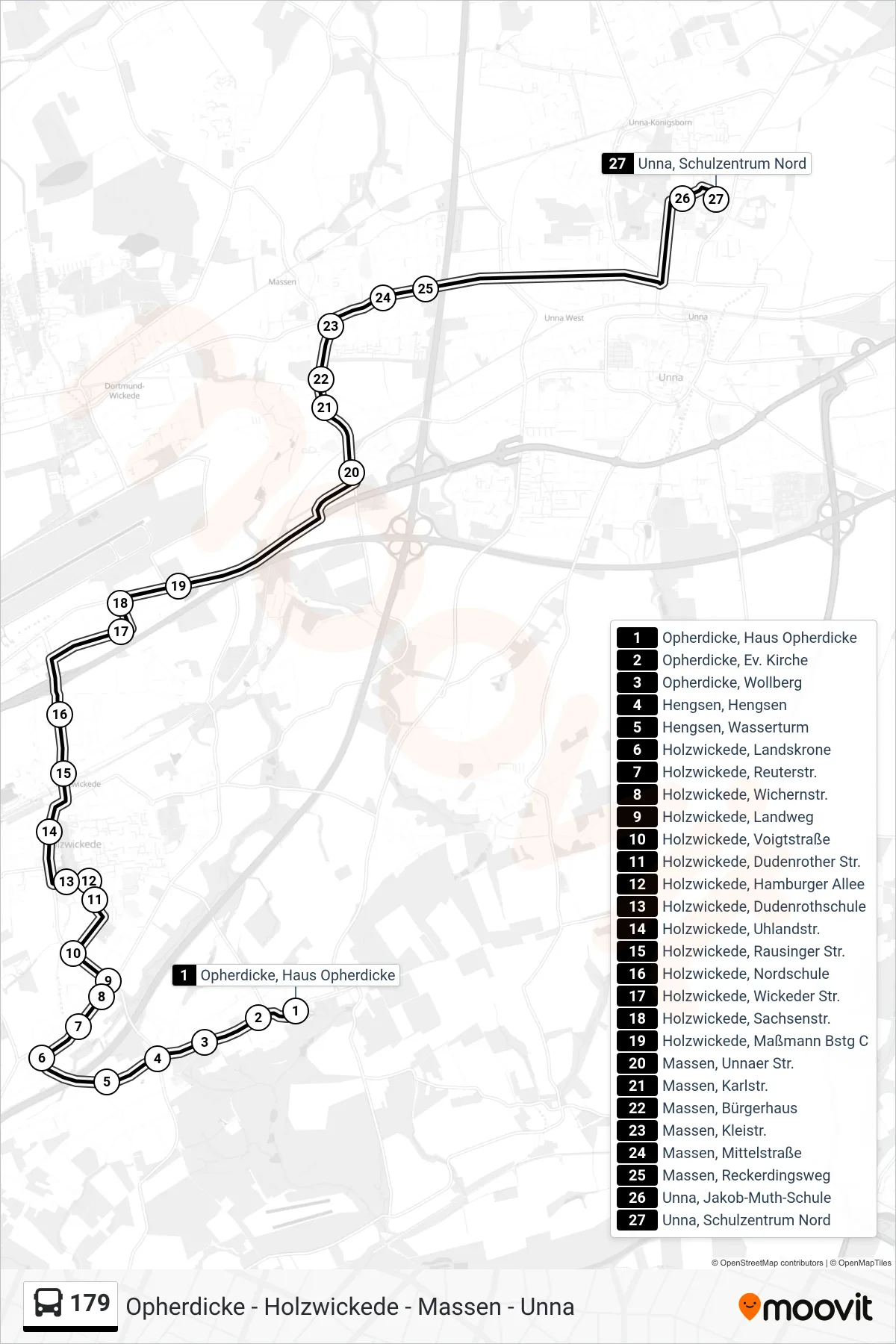 179 bus Line (Unna, Schulzentrum Nord) route and stops on a map