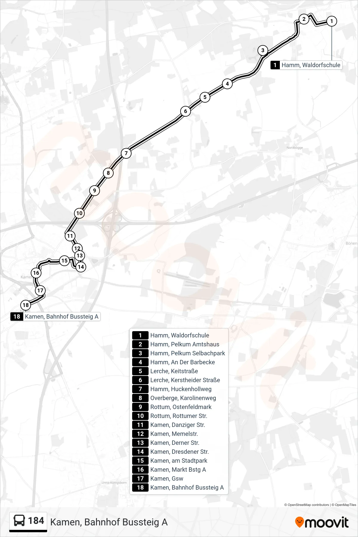 Linie 184 (Bus) Richtung Kamen, Bahnhof Bussteig A: Route und Haltestellen auf der Karte