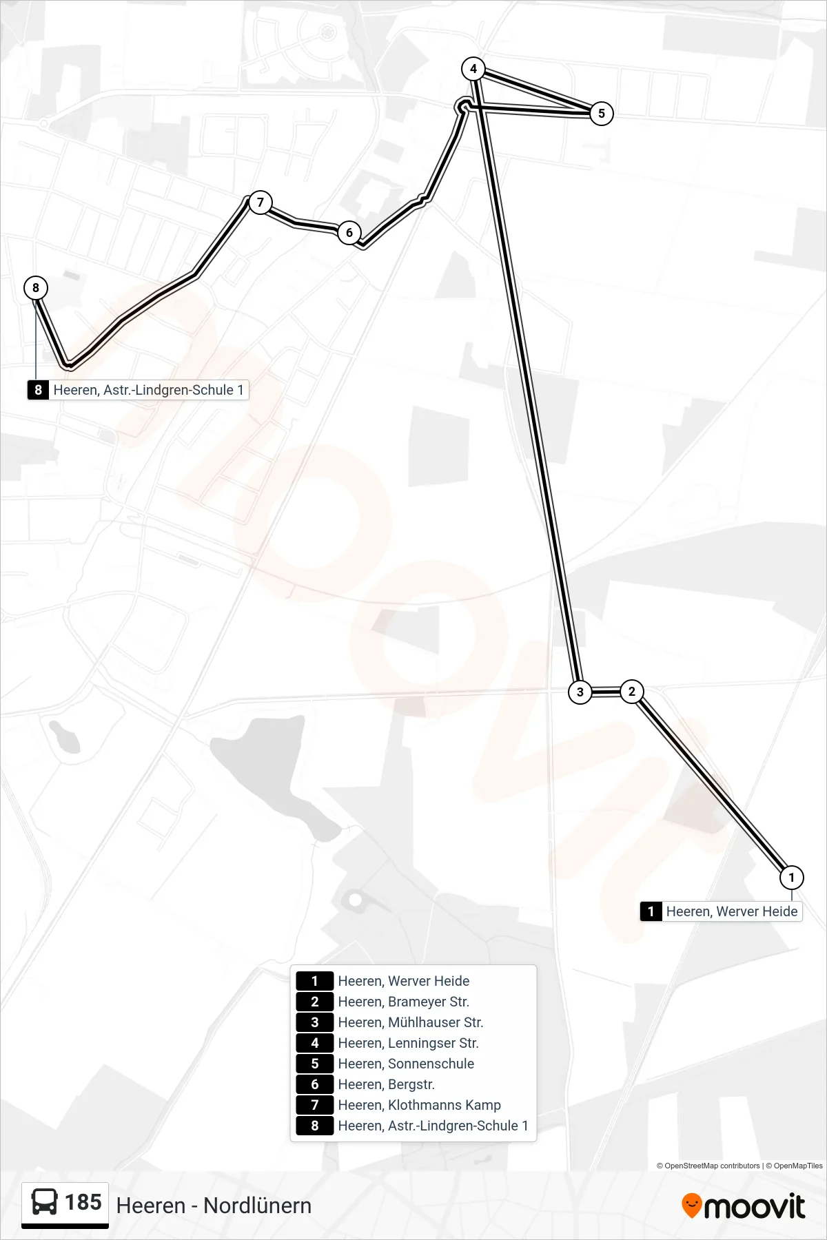 Linie 185 (Bus) Richtung Heeren, Astr.-Lindgren-Schule 1: Route und Haltestellen auf der Karte