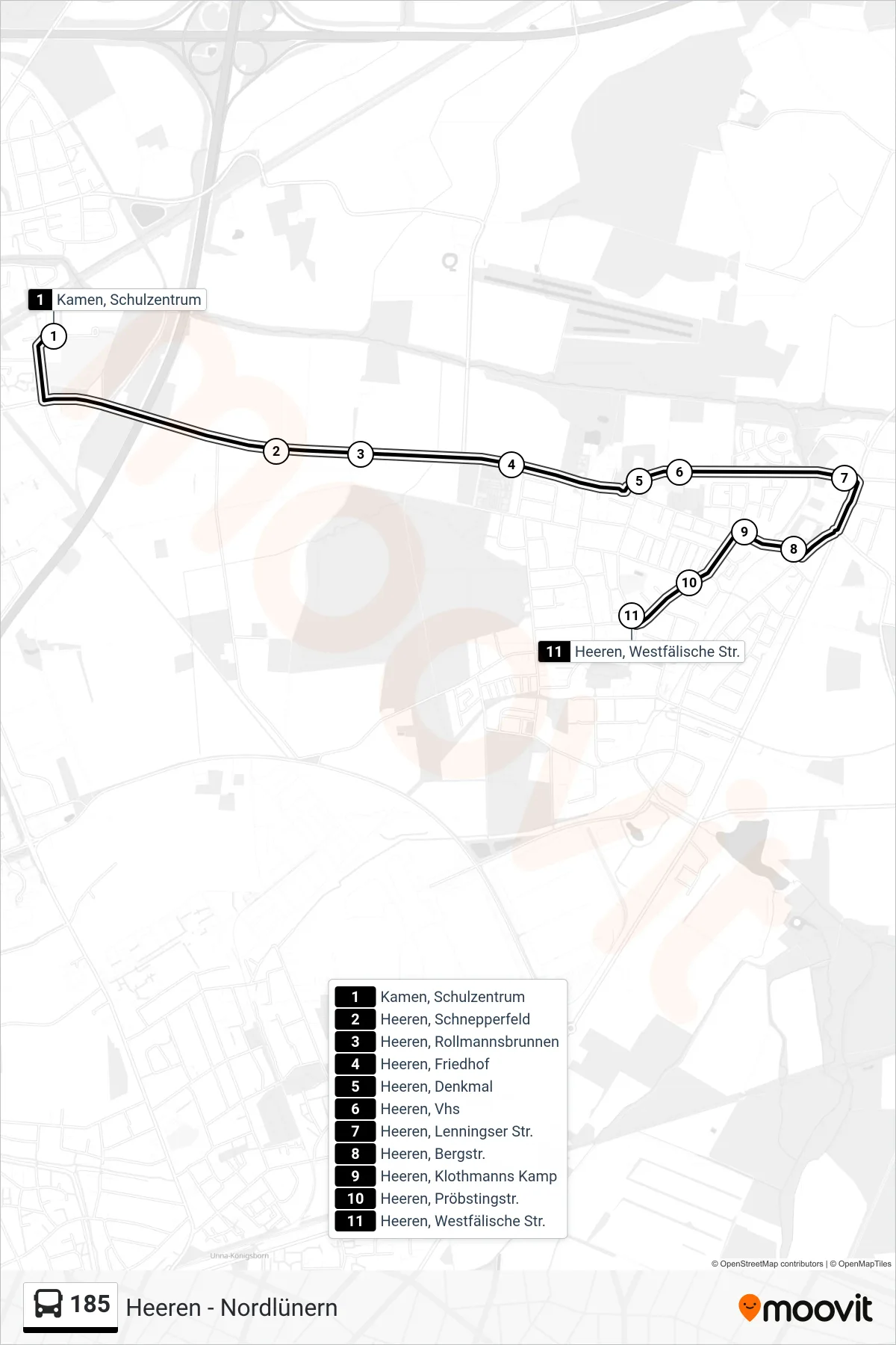 Linie 185 (Bus) Richtung Heeren, Westfälische Str.: Route und Haltestellen auf der Karte