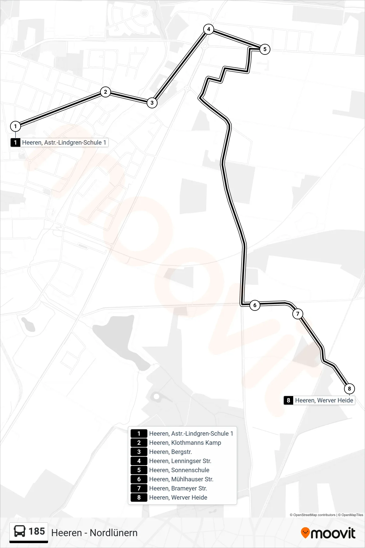 Linie 185 (Bus) Richtung Heeren, Werver Heide: Route und Haltestellen auf der Karte