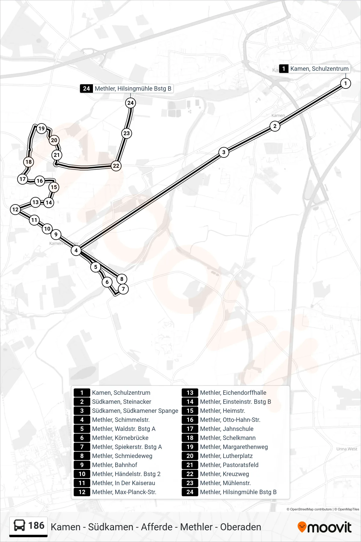 Linie 186 (Bus) Richtung Methler, Hilsingmühle Bstg B: Route und Haltestellen auf der Karte