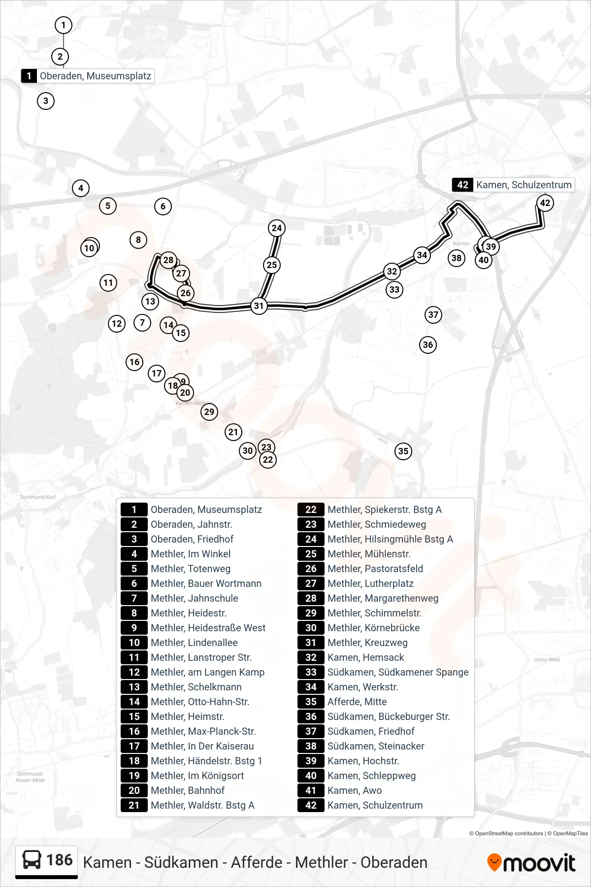 Linie 186 (Bus) Richtung Kamen, Schulzentrum: Route und Haltestellen auf der Karte