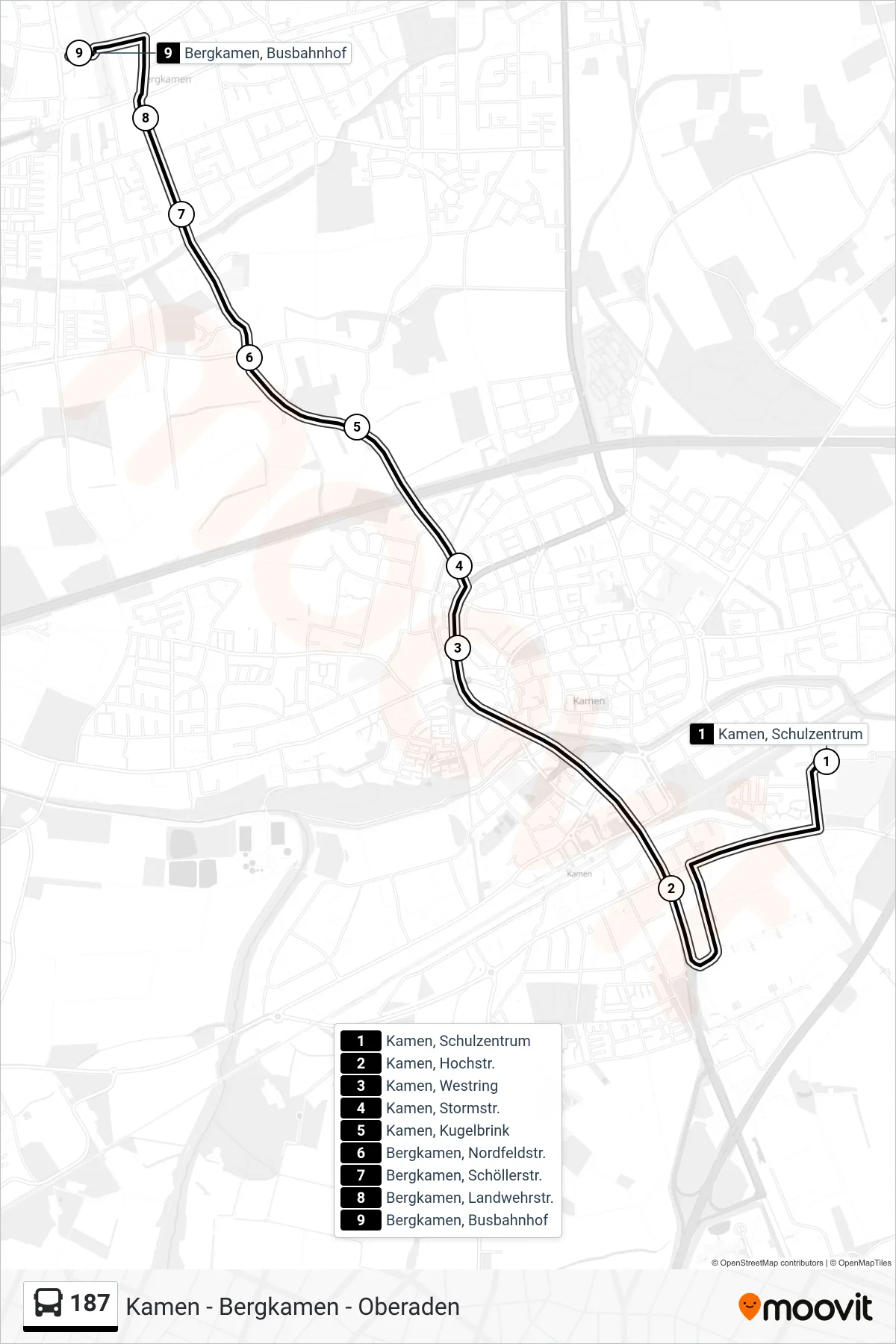 Linie 187 (Bus) Richtung Bergkamen, Busbahnhof Bstg A: Route und Haltestellen auf der Karte