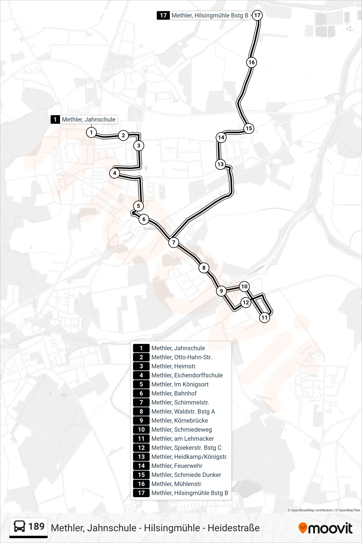 Linie 189 (Bus) Richtung Methler, Hilsingmühle Bstg B: Route und Haltestellen auf der Karte