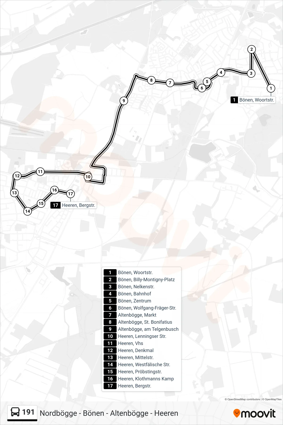 191 bus Line (Heeren, Bergstr.) route and stops on a map