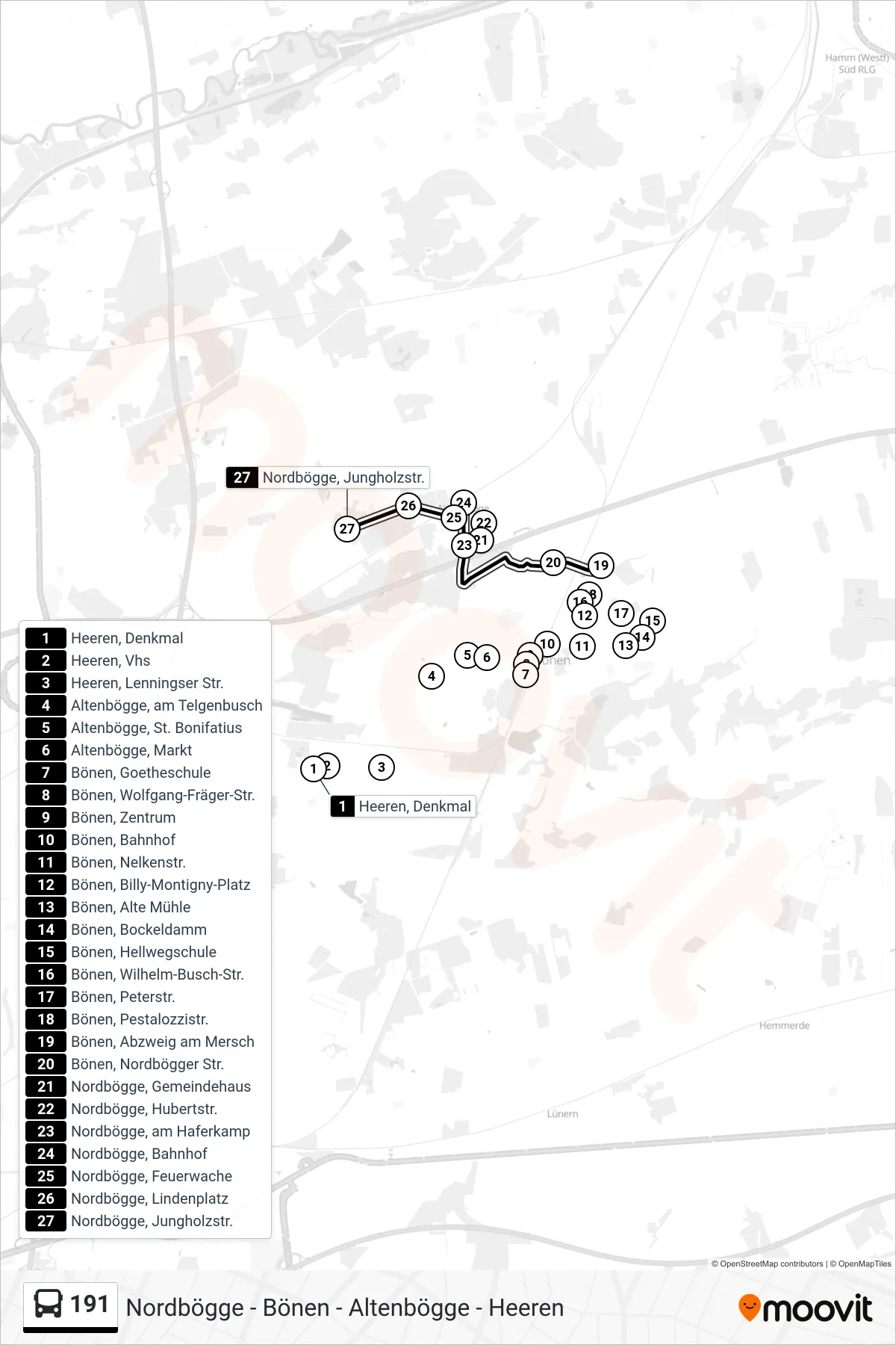 Linie 191 (Bus) Richtung Nordbögge, Jungholzstr.: Route und Haltestellen auf der Karte