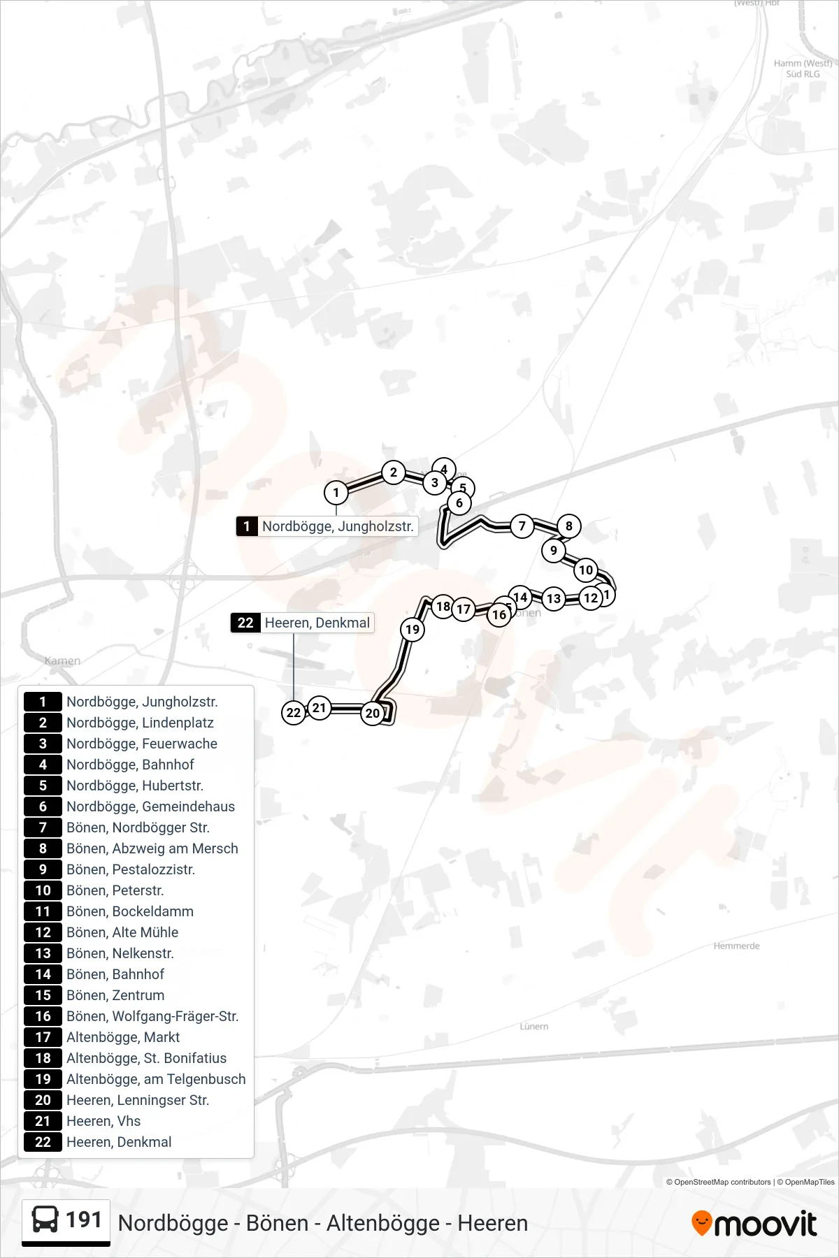Linie 191 (Bus) Richtung Heeren, Denkmal: Route und Haltestellen auf der Karte