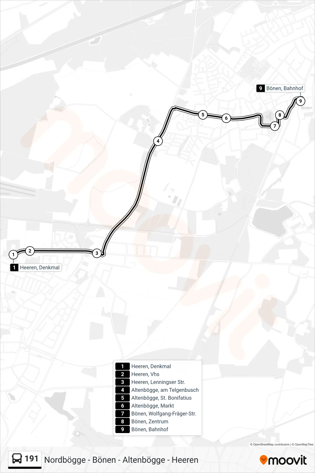 Linie 191 (Bus) Richtung Bönen, Bahnhof: Route und Haltestellen auf der Karte