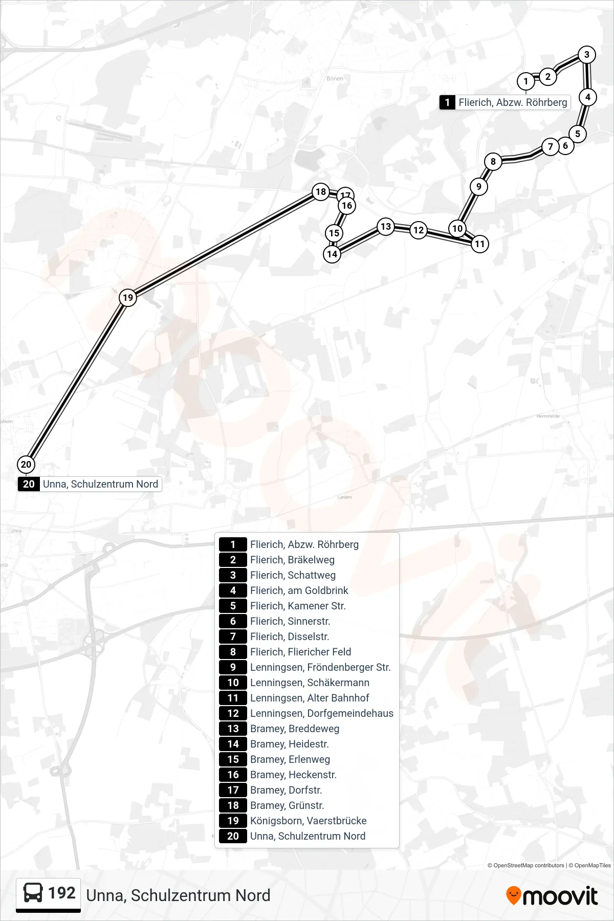 Linie 192 (Bus) Richtung Unna, Schulzentrum Nord: Route und Haltestellen auf der Karte