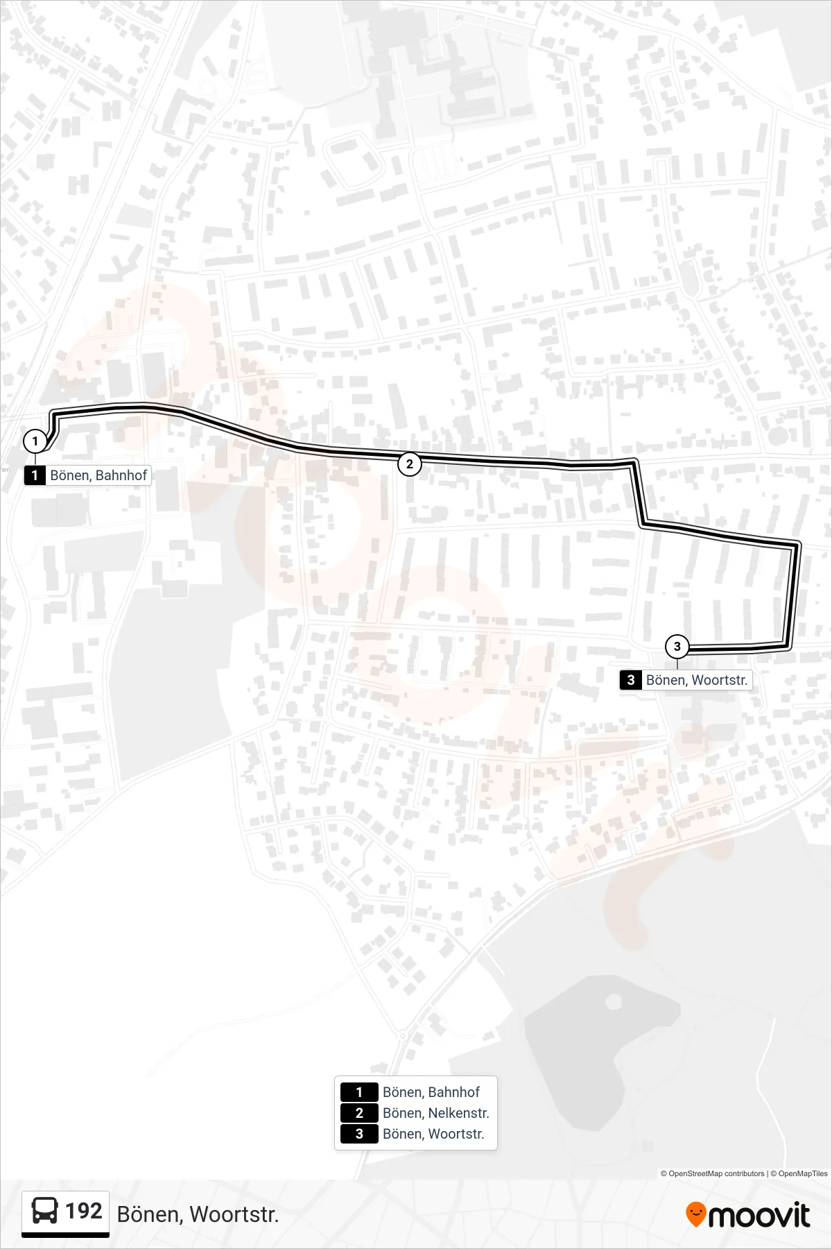 Linie 192 (Bus) Richtung Bönen, Woortstr.: Route und Haltestellen auf der Karte