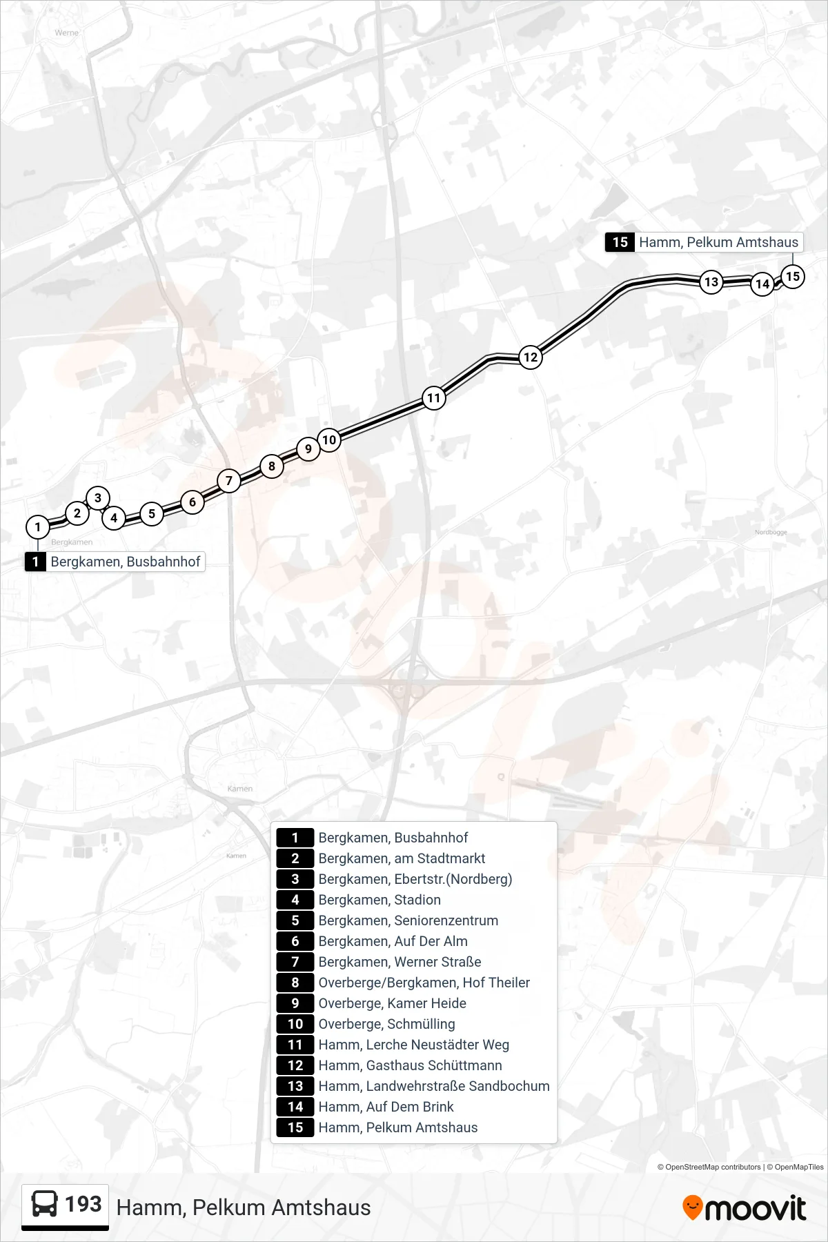 193 bus Line (Hamm, Pelkum Amtshaus) route and stops on a map