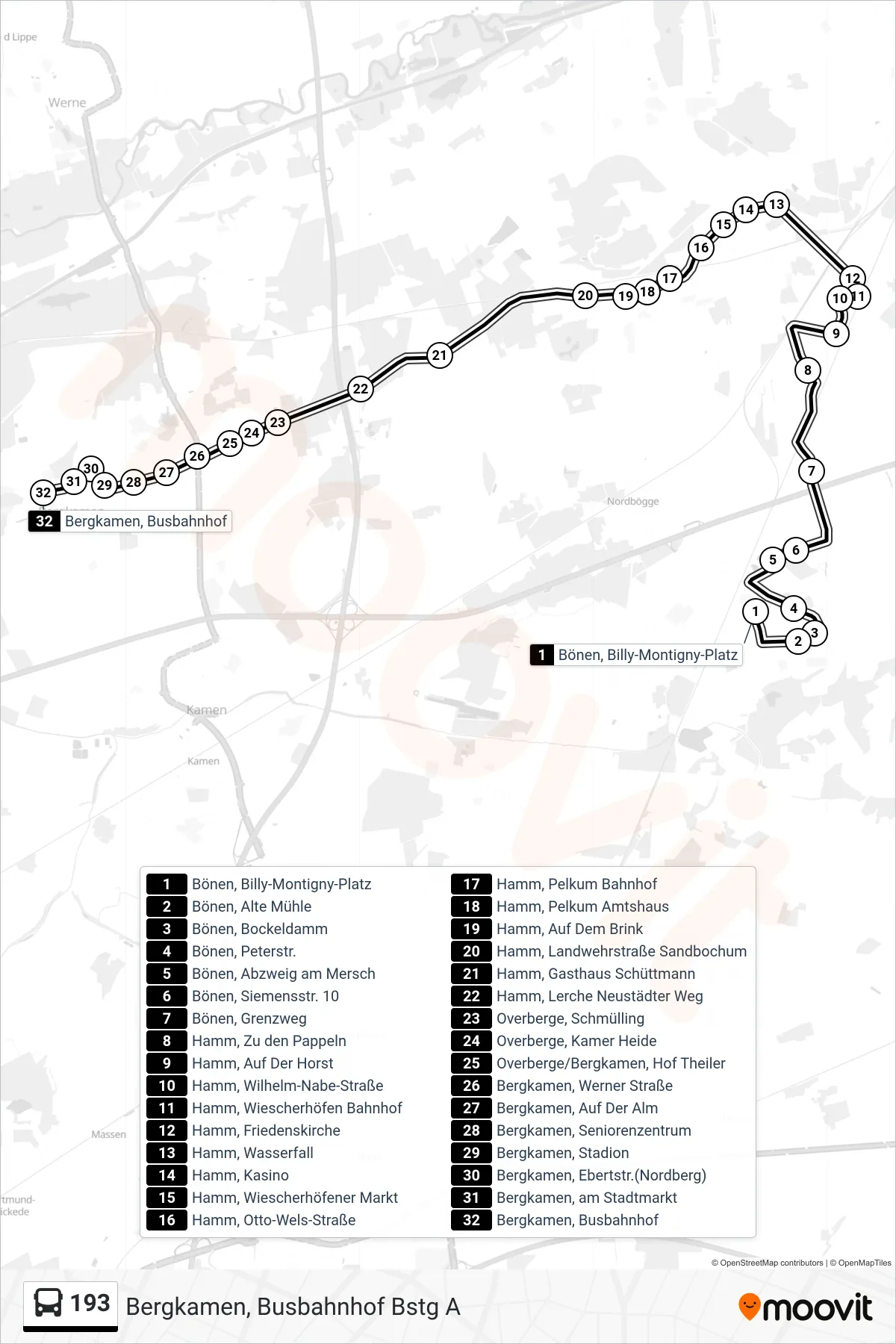 Linie 193 (Bus) Richtung Bergkamen, Busbahnhof Bstg A: Route und Haltestellen auf der Karte