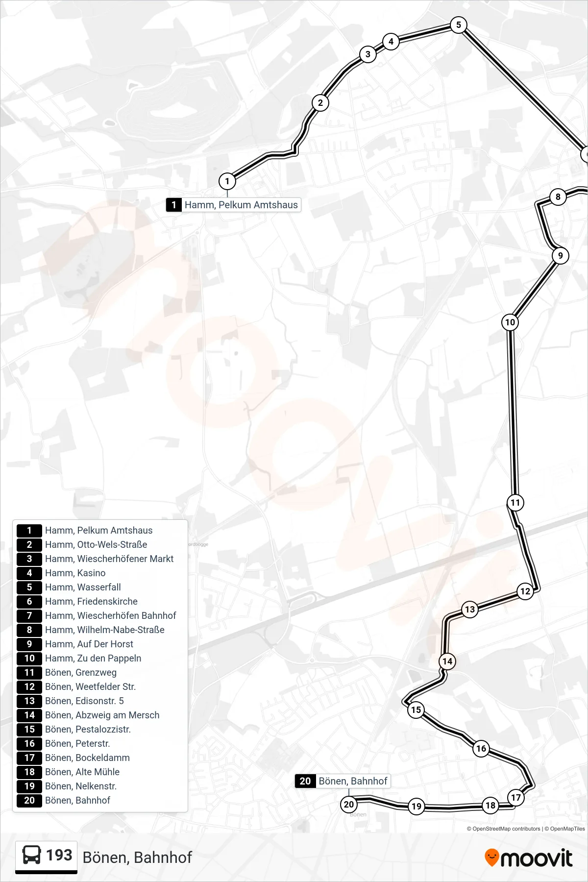 Linie 193 (Bus) Richtung Bönen, Bahnhof: Route und Haltestellen auf der Karte