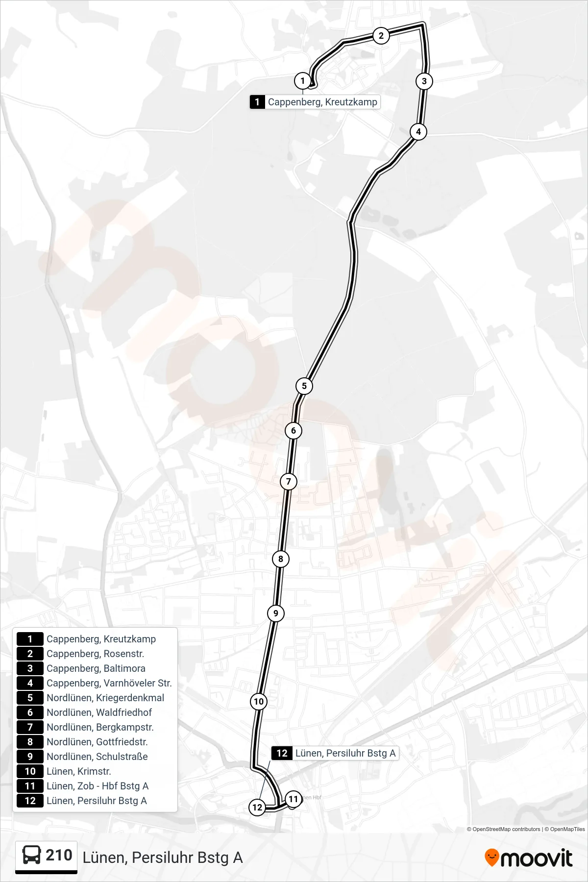 Linie 210 (Bus) Richtung Lünen, Persiluhr Bstg A: Route und Haltestellen auf der Karte