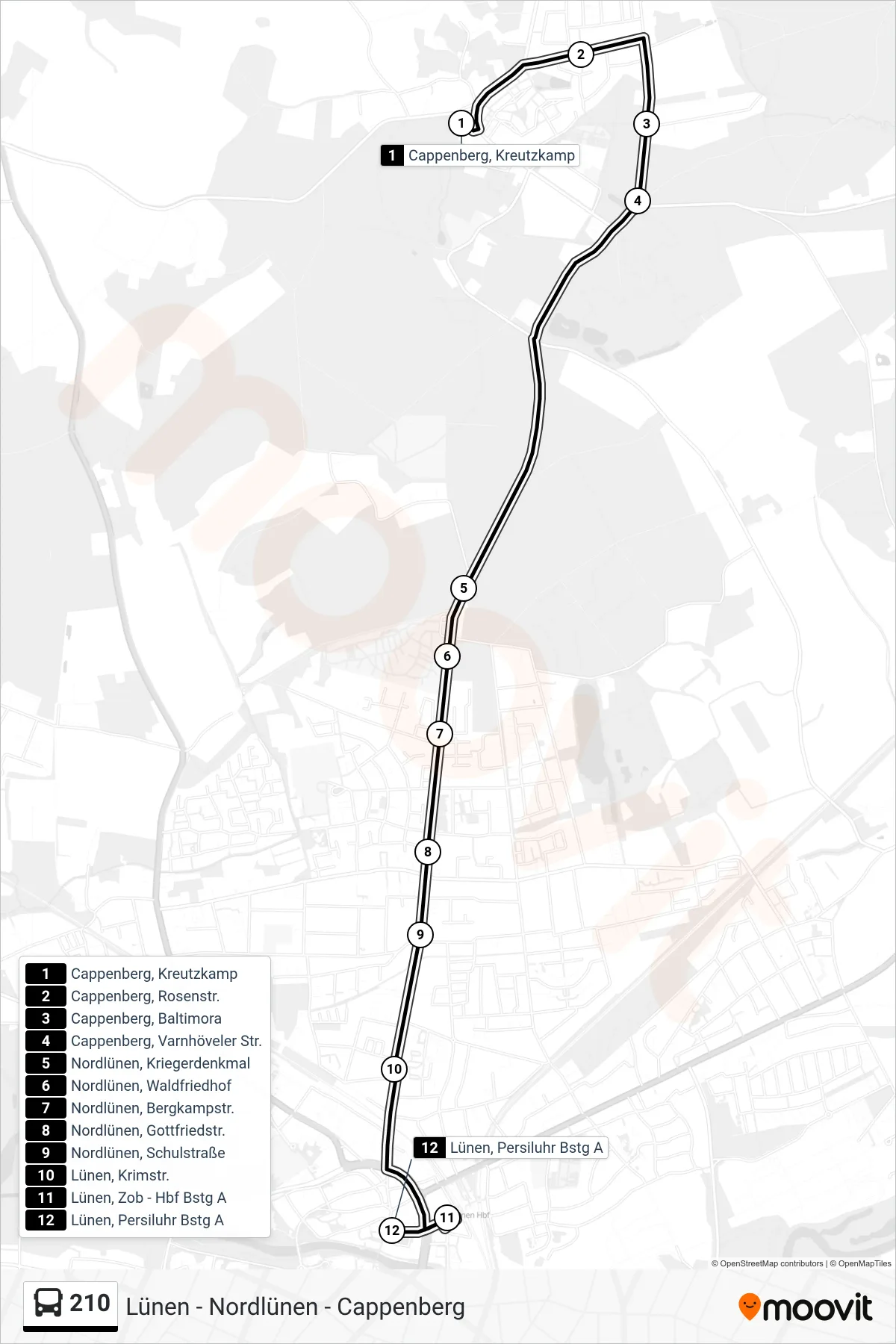 Linie 210 (Bus) Richtung Lünen, Persiluhr Bstg A: Route und Haltestellen auf der Karte