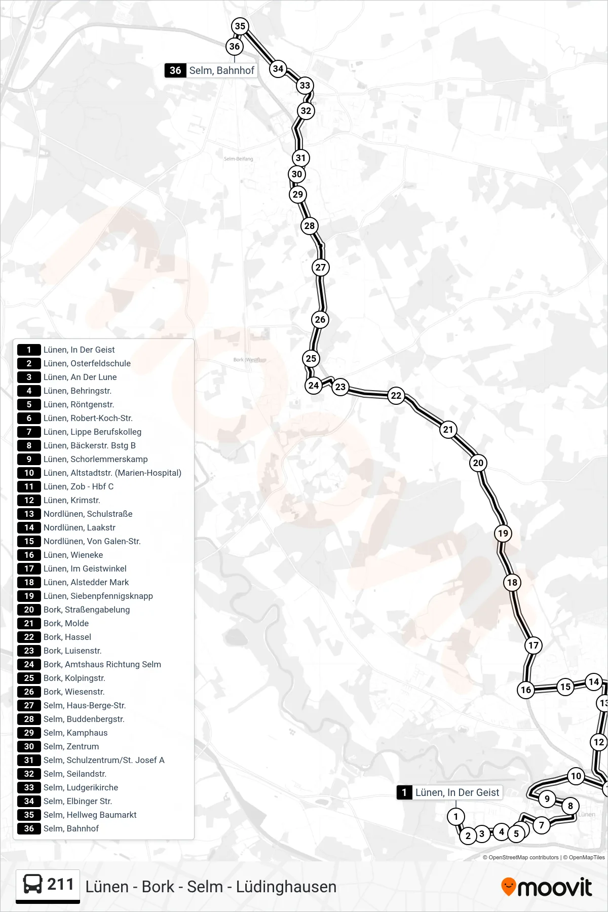 211 bus Line (Selm, Bahnhof) route and stops on a map