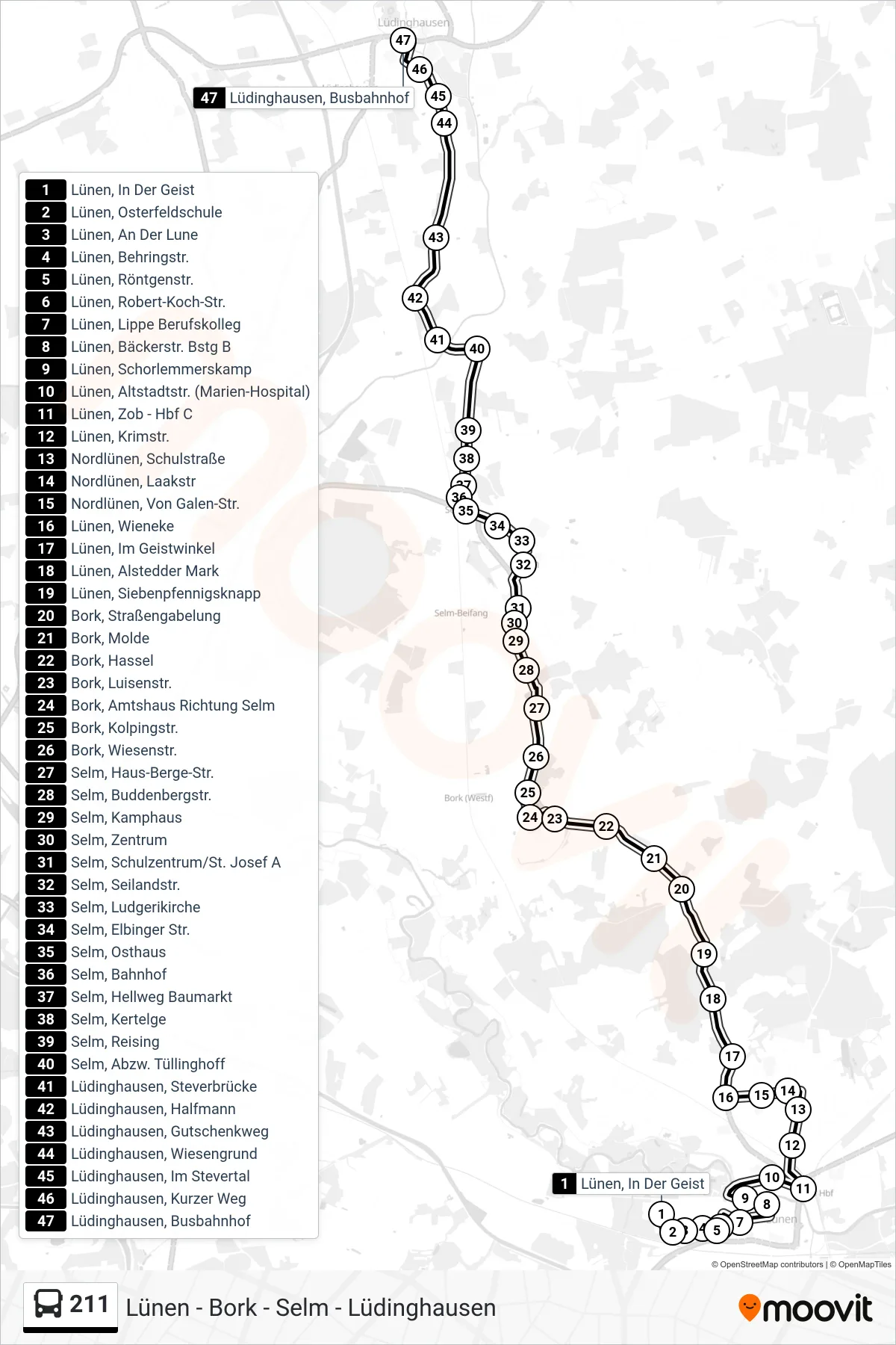 Linie 211 (Bus) Richtung Lüdinghausen, Busbahnhof B: Route und Haltestellen auf der Karte