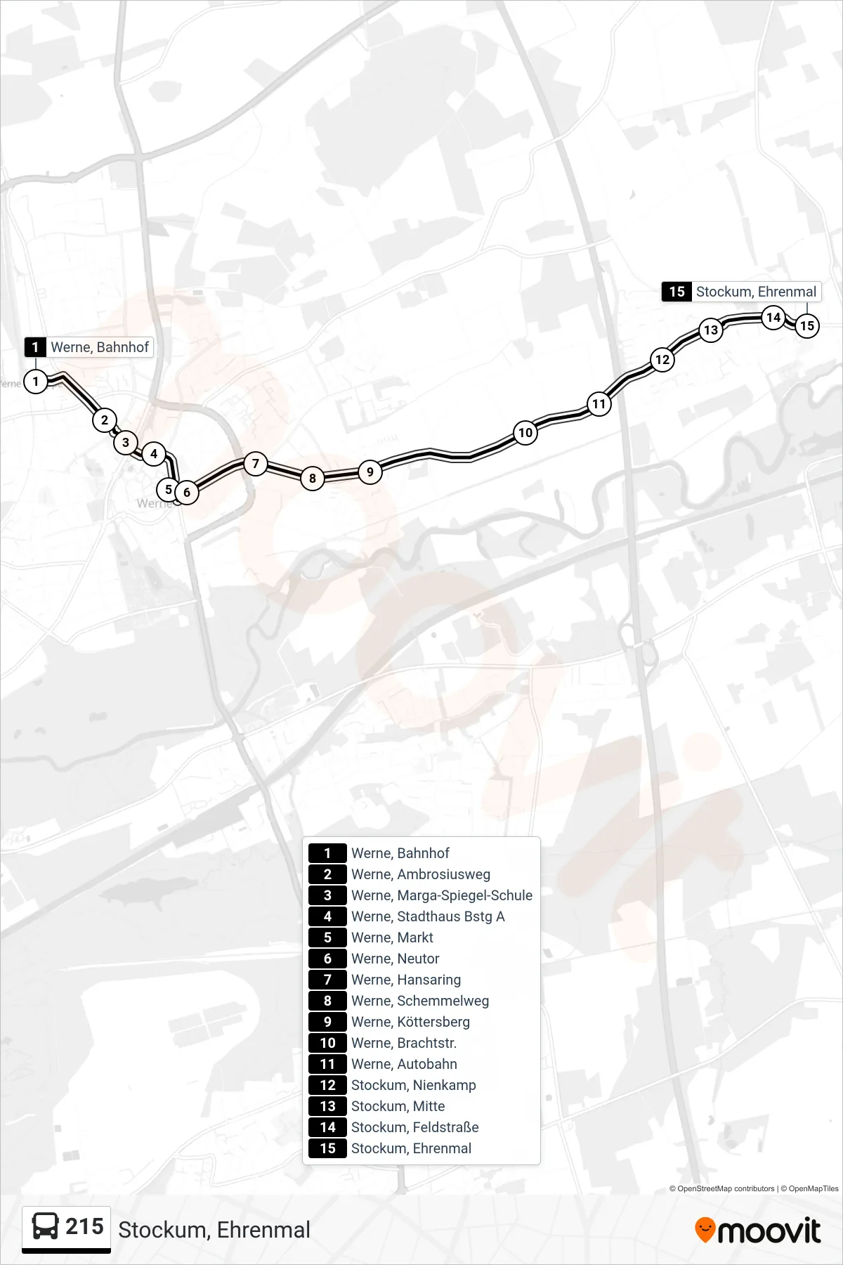 Linie 215 (Bus) Richtung Stockum, Ehrenmal: Route und Haltestellen auf der Karte