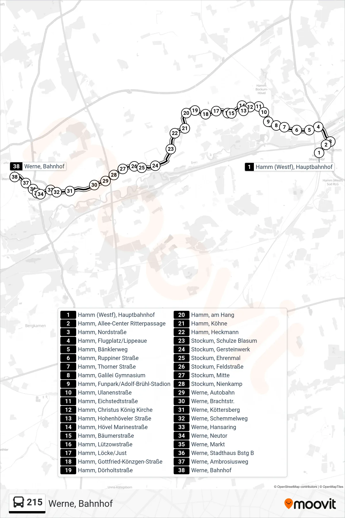 215 bus Line (Werne, Bahnhof) route and stops on a map