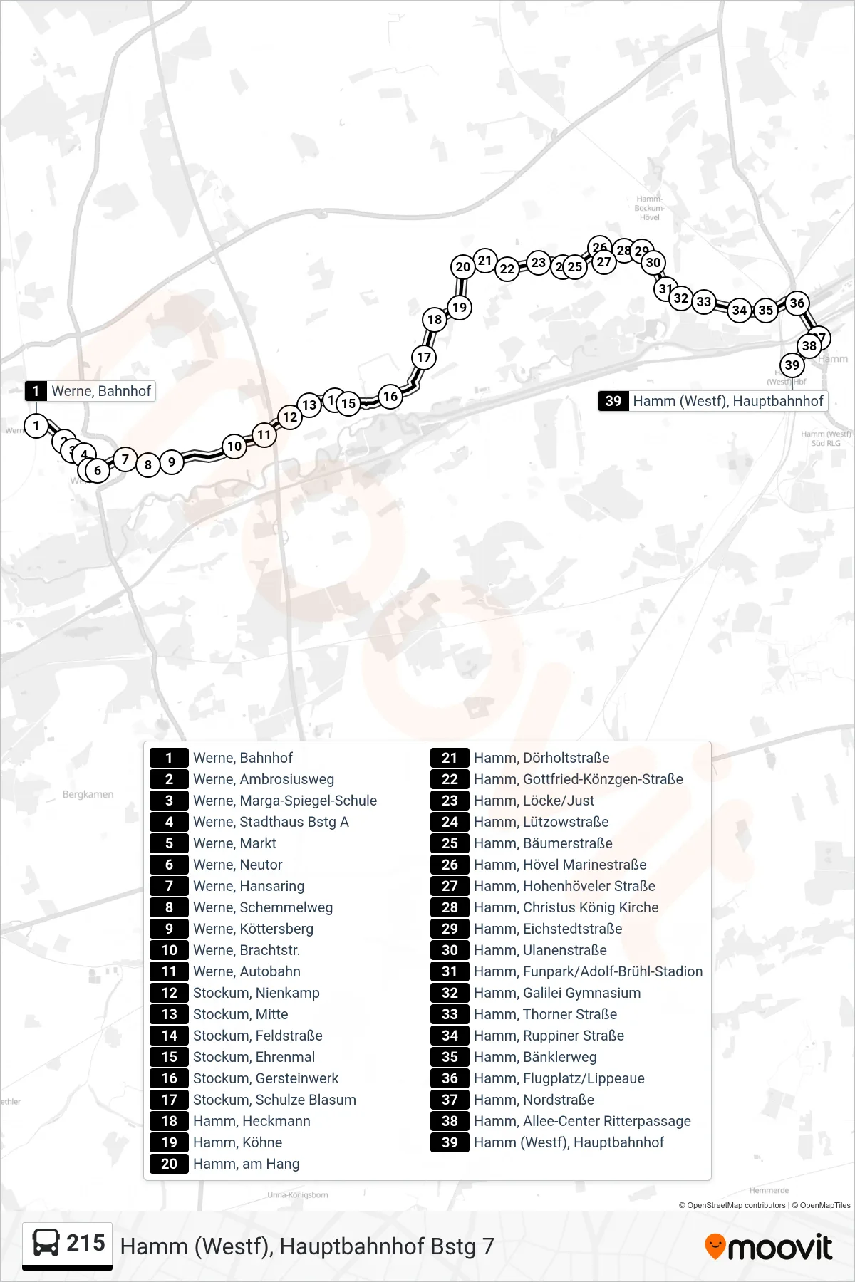 Linie 215 (Bus) Richtung Hamm (Westf), Hauptbahnhof Bstg 7: Route und Haltestellen auf der Karte