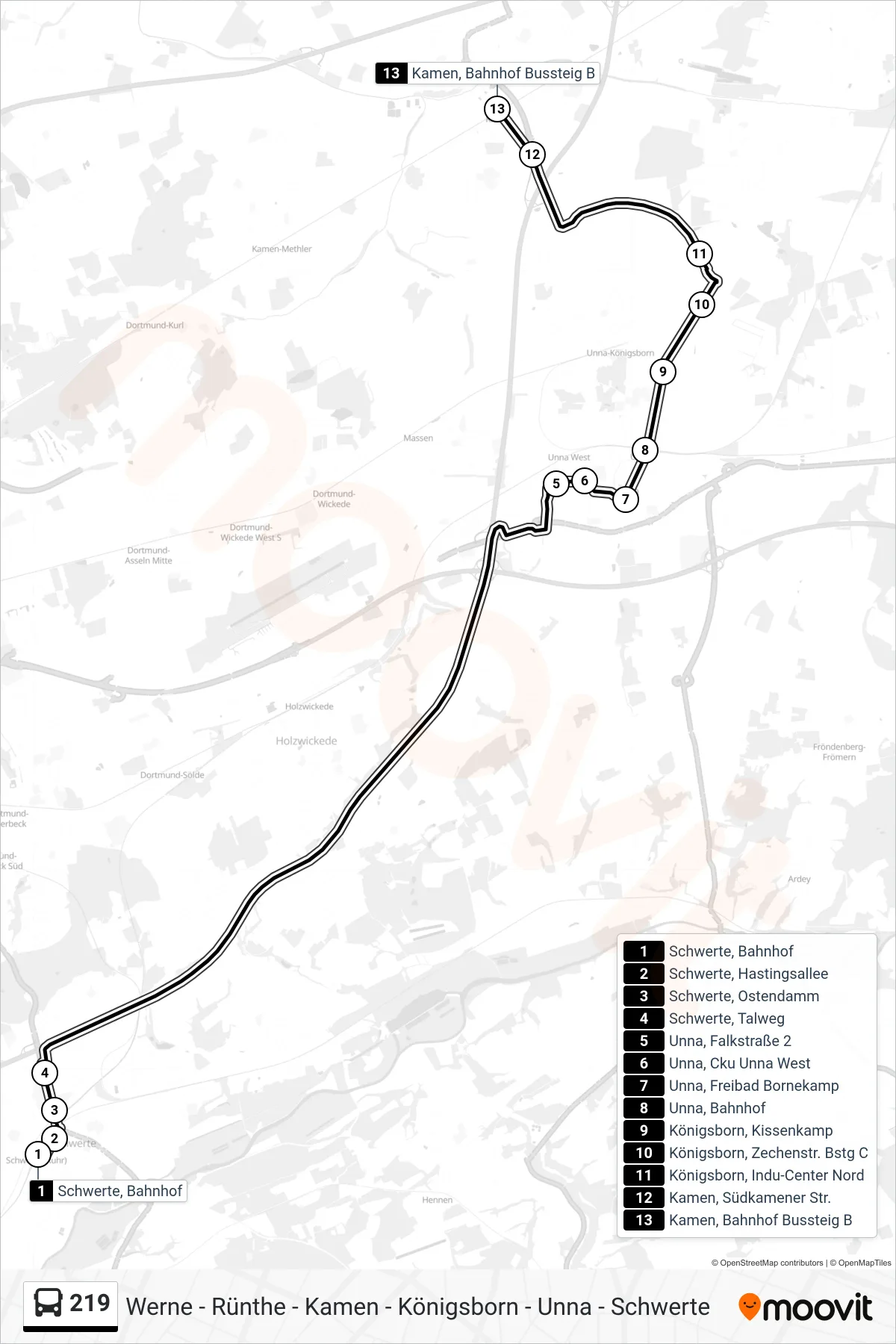 Linie 219 (Bus) Richtung Kamen, Bahnhof Bussteig B: Route und Haltestellen auf der Karte