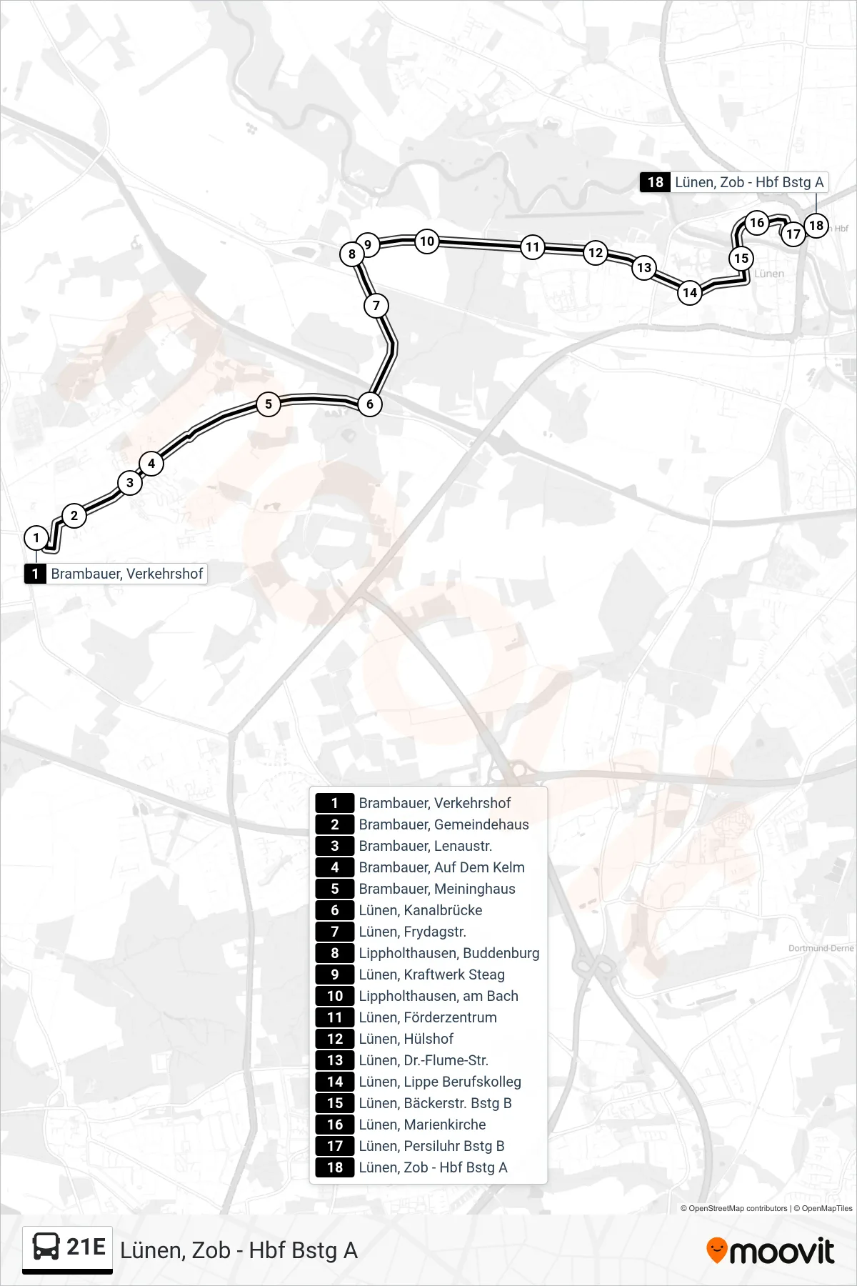 Linie 21E (Bus) Richtung Lünen, Zob - Hbf Bstg A: Route und Haltestellen auf der Karte