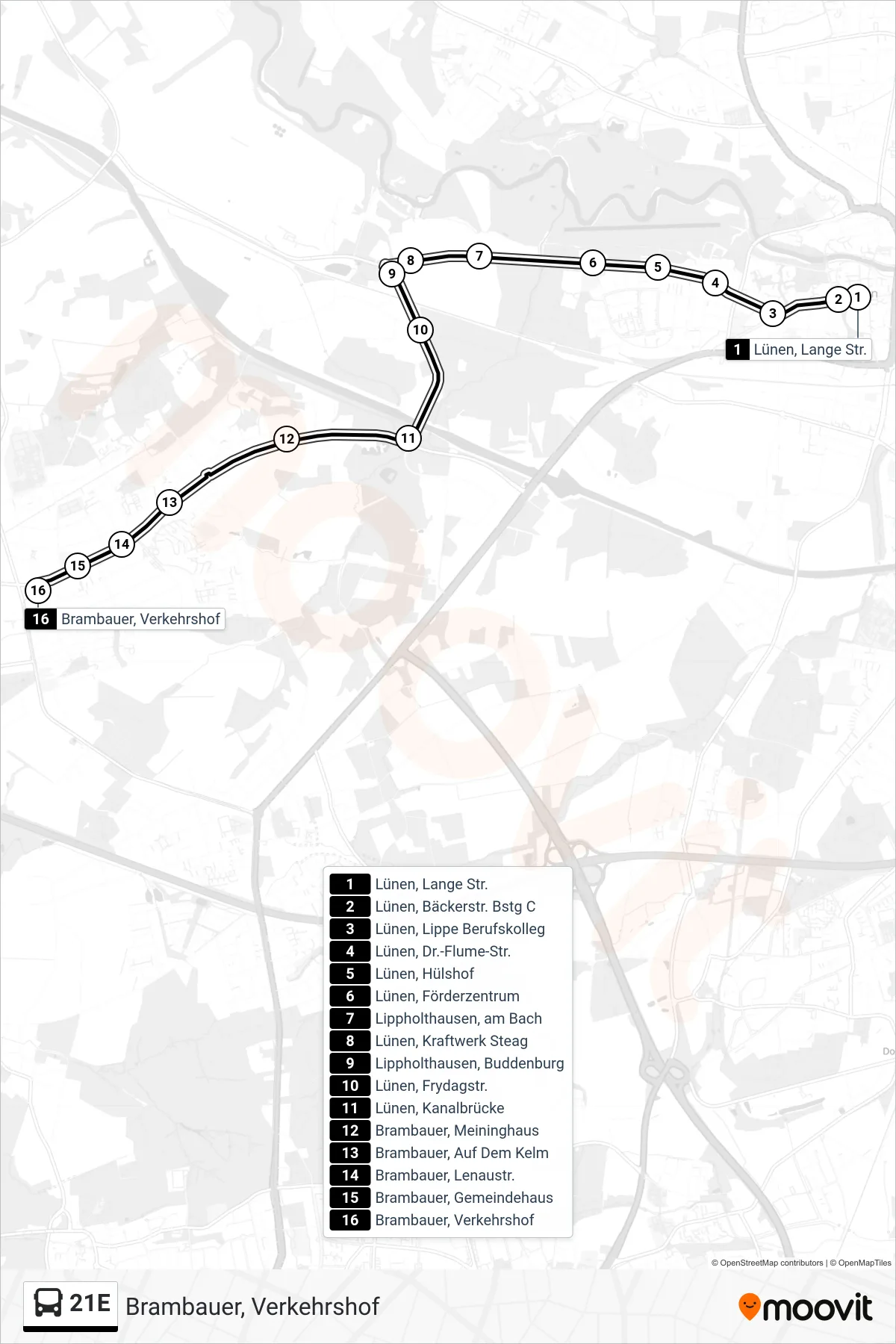 Linie 21E (Bus) Richtung Brambauer, Verkehrshof: Route und Haltestellen auf der Karte