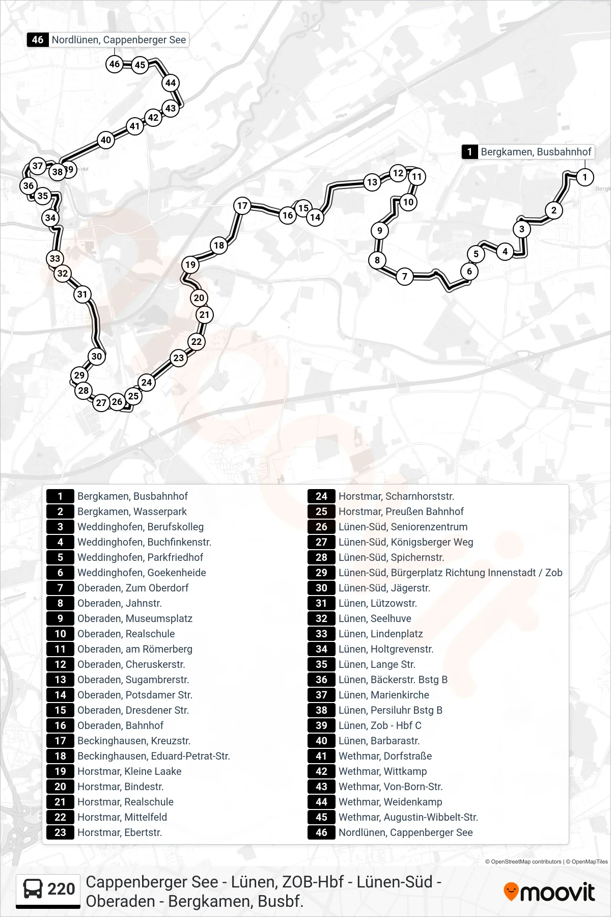 Linie 220 (Bus) Richtung Nordlünen, Cappenberger See: Route und Haltestellen auf der Karte