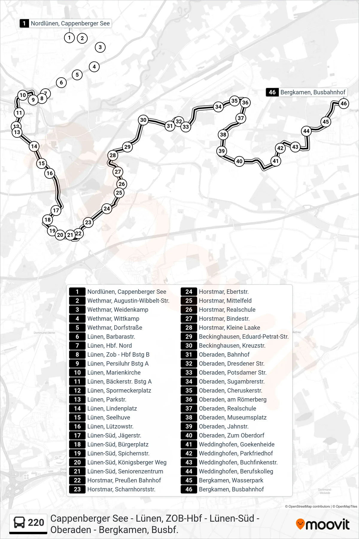 Linie 220 (Bus) Richtung Bergkamen, Busbahnhof Bstg D: Route und Haltestellen auf der Karte
